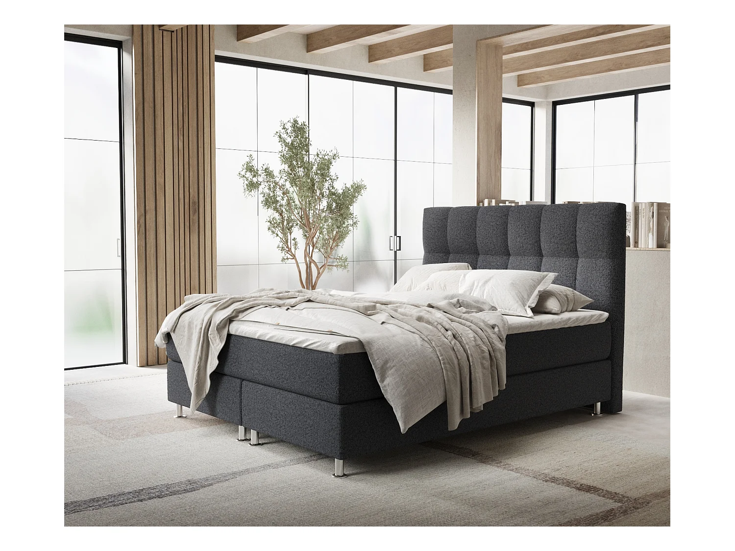 Lit boxspring en toile tissée Elisio - matelas - surmatelas - 180x200 cm - noir