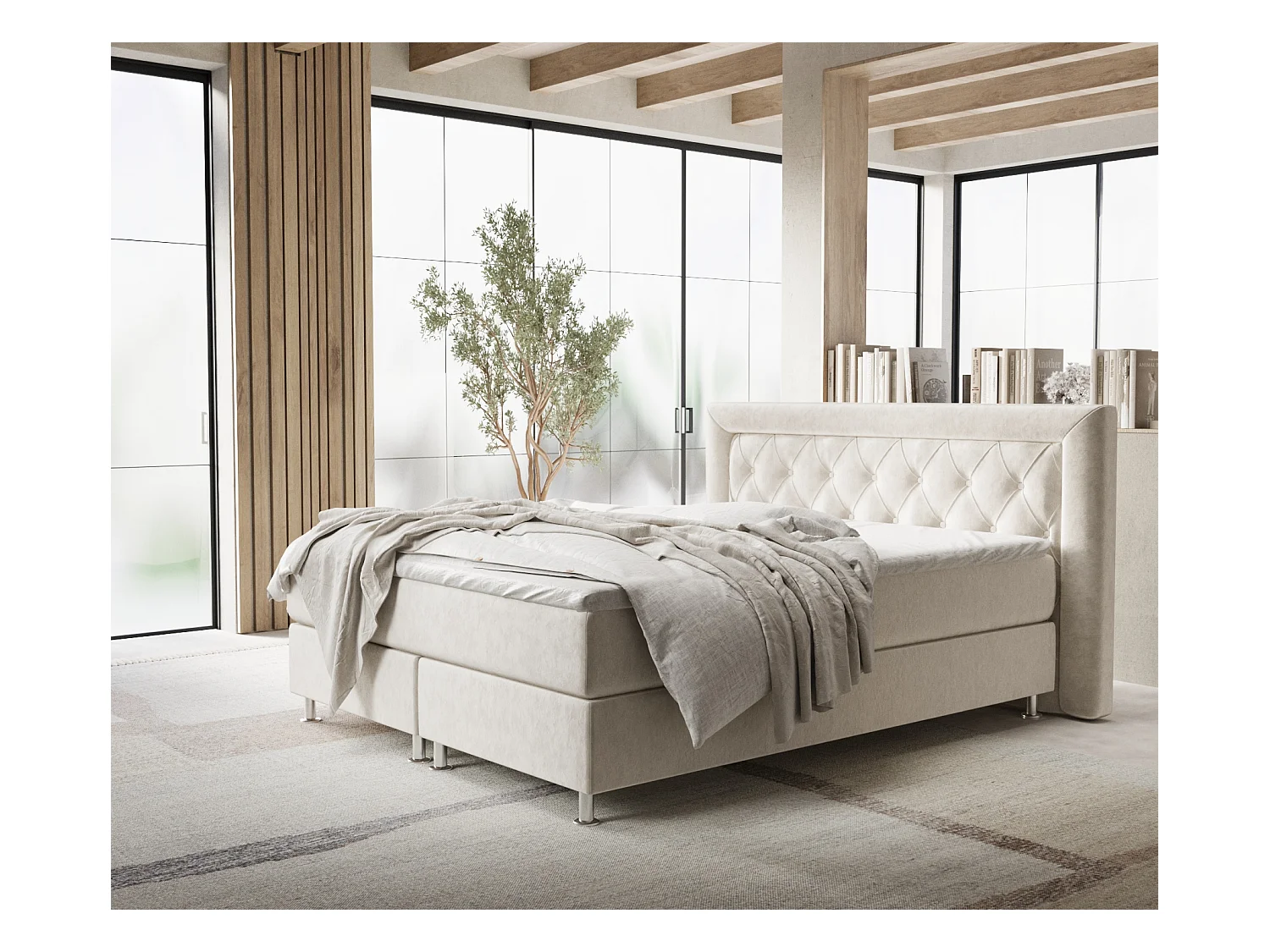 Lit boxspring en tissu velours Lavello - matelas - surmatelas - 140x200 cm - beige clair