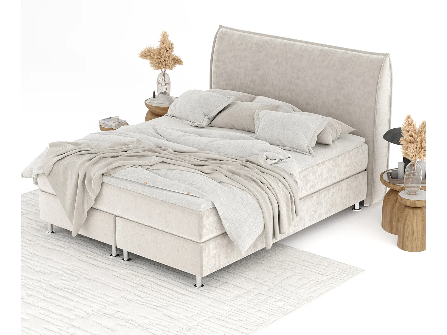 Boxspringbett aus Samtstoff Chermin - Matratze - Toppermatratze - 140x200 cm - hellbeige