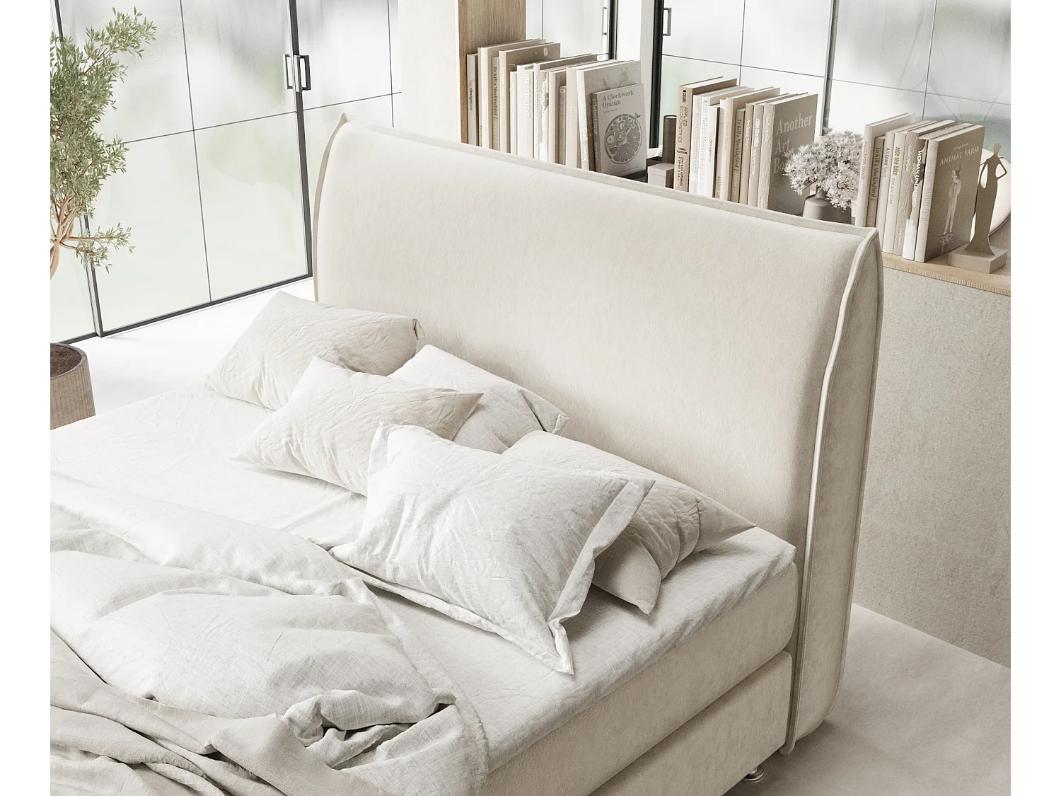 Boxspringbett aus Samtstoff Chermin - Matratze - Toppermatratze - 140x200 cm - hellbeige