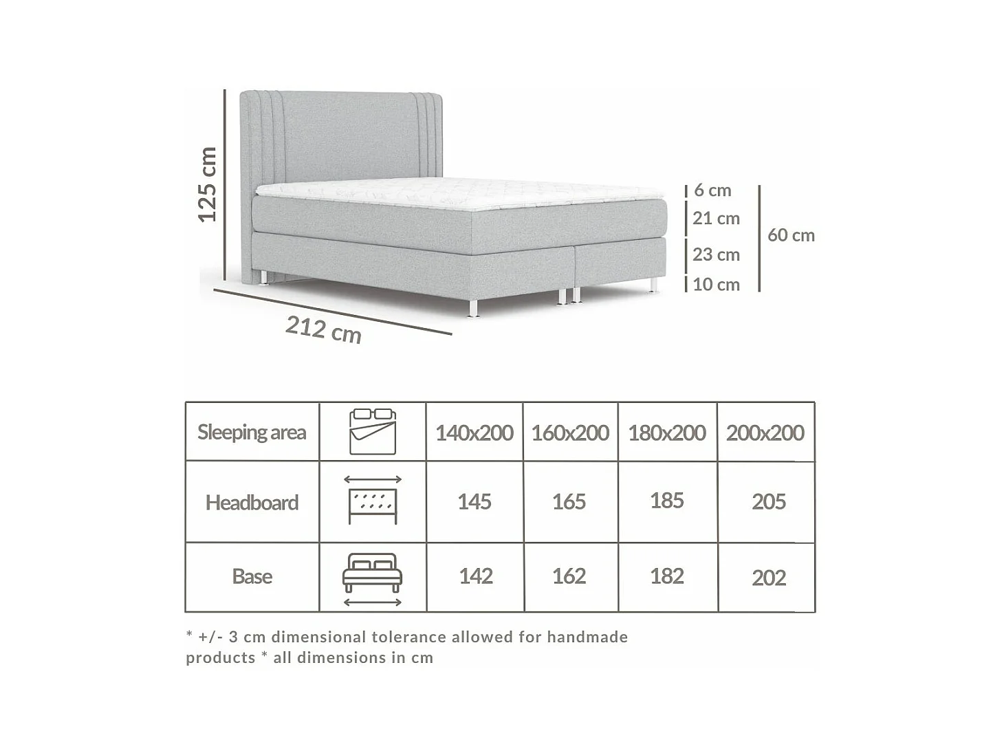 Boxspringbett aus Webstoff Casone - Matratze - Topper - 140x200 cm - grau