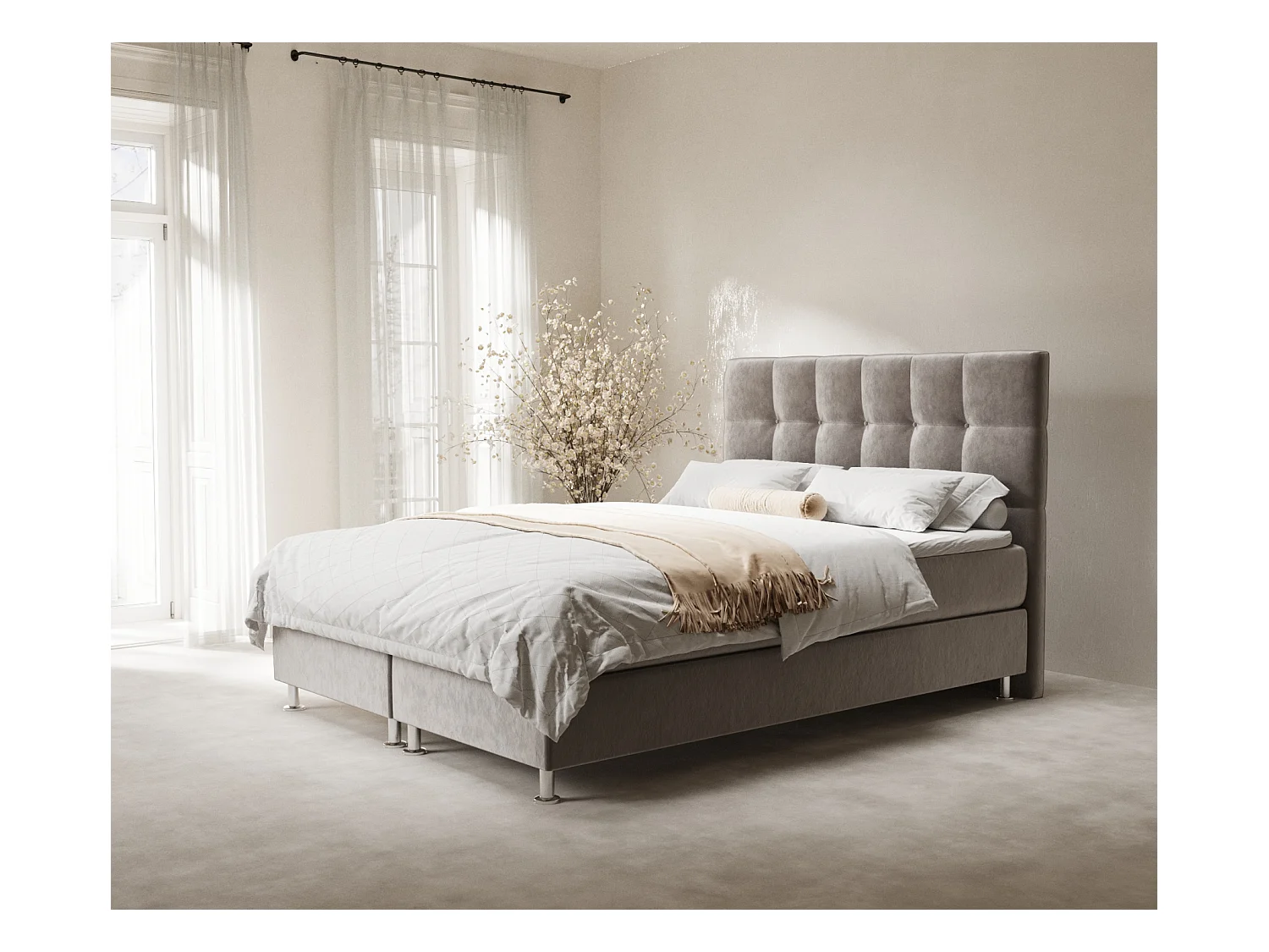 Lit boxspring en tissu velours Chanton - matelas - surmatelas - 160x200 cm - taupe