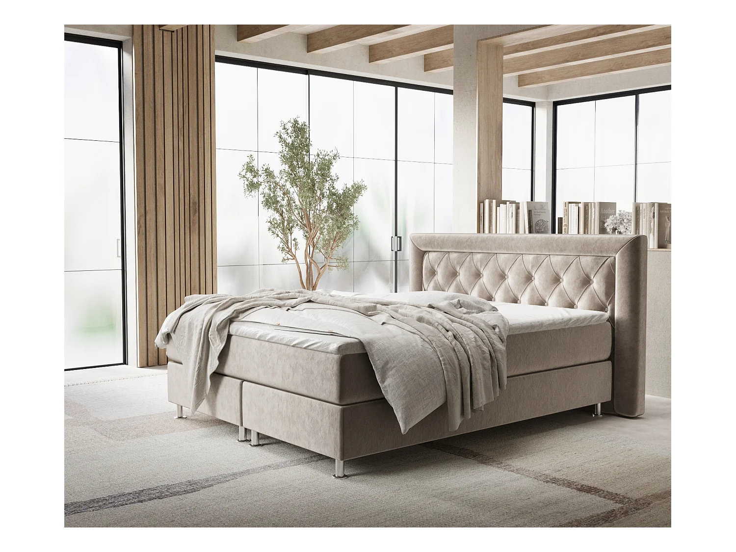 Lit boxspring en tissu velours Lavello - matelas - surmatelas - 200x200 cm - taupe