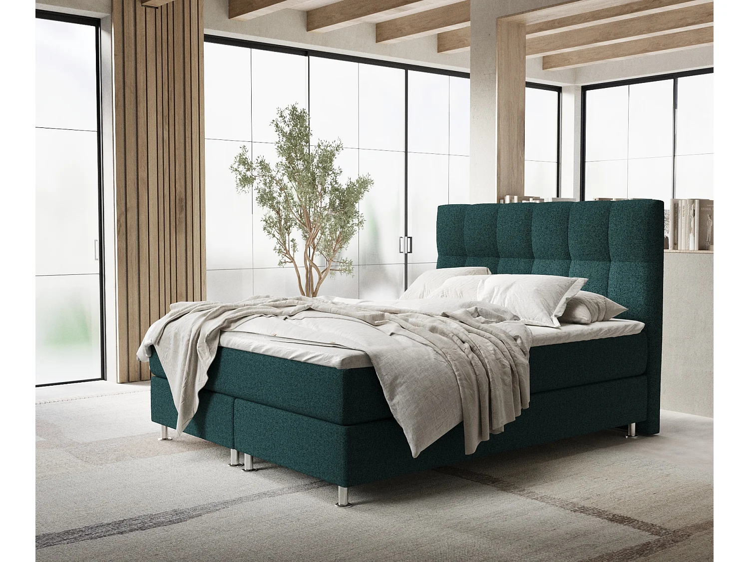 Boxspringbett aus Webstoff Elisio - Matratze - Toppermatratze - 180x200 cm - grün