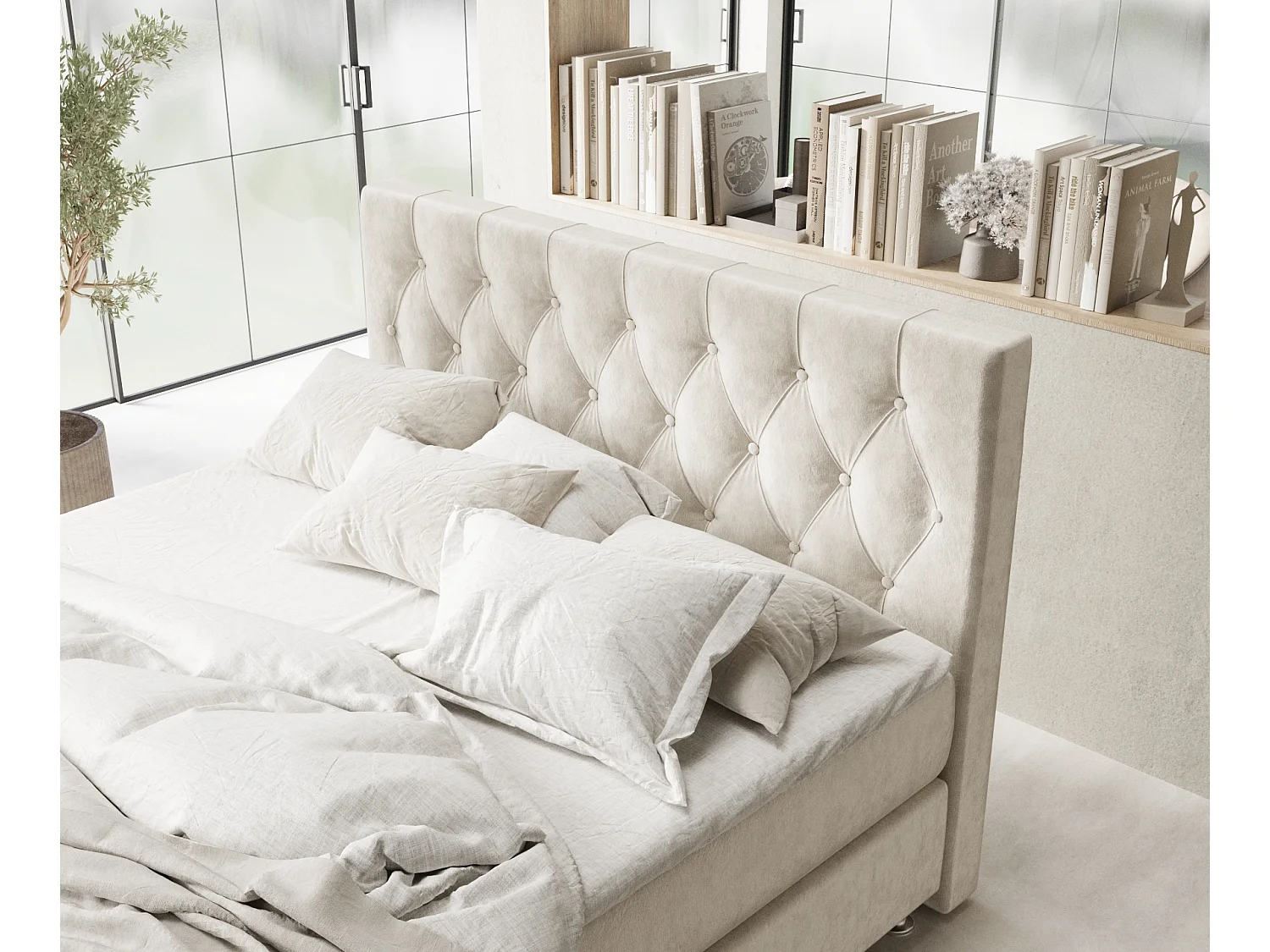 Lit boxspring en tissu velours Excelsior - matelas - surmatelas - 140x200 cm - beige clair