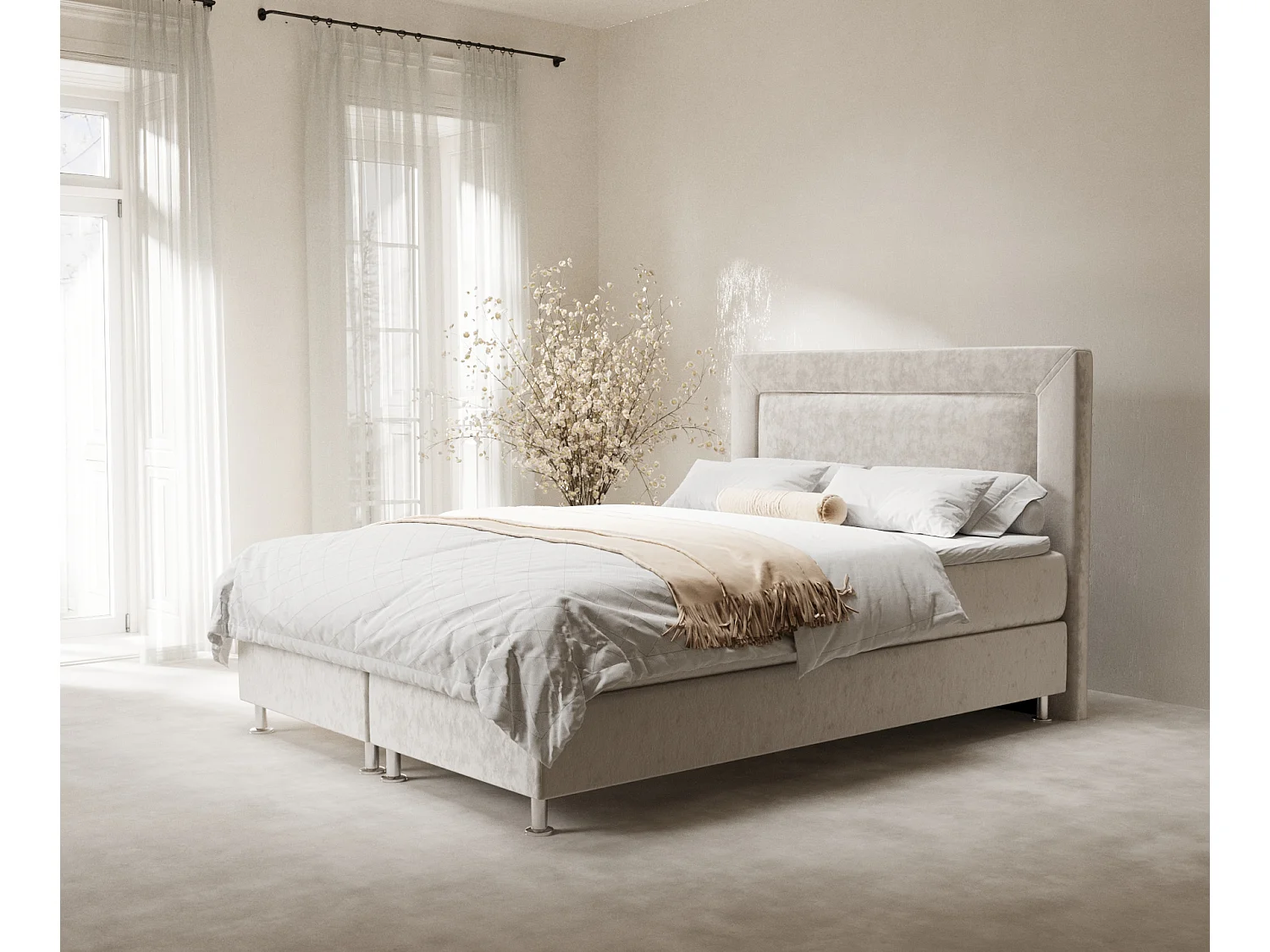 Lit boxspring en tissu velours Laguno - matelas - surmatelas - 140x200 cm - beige clair