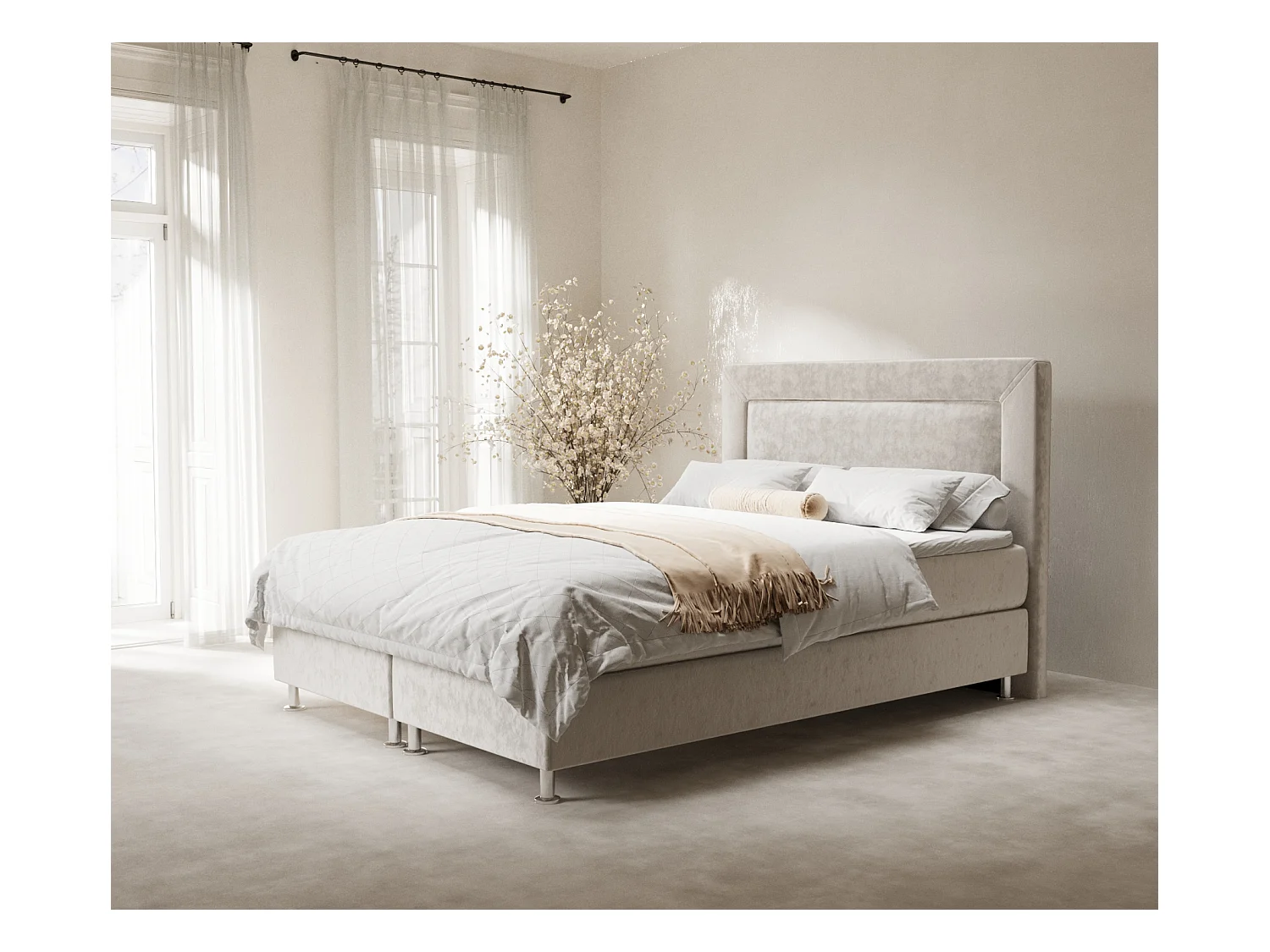 Lit boxspring en tissu velours Laguno - matelas - surmatelas - 140x200 cm - beige clair