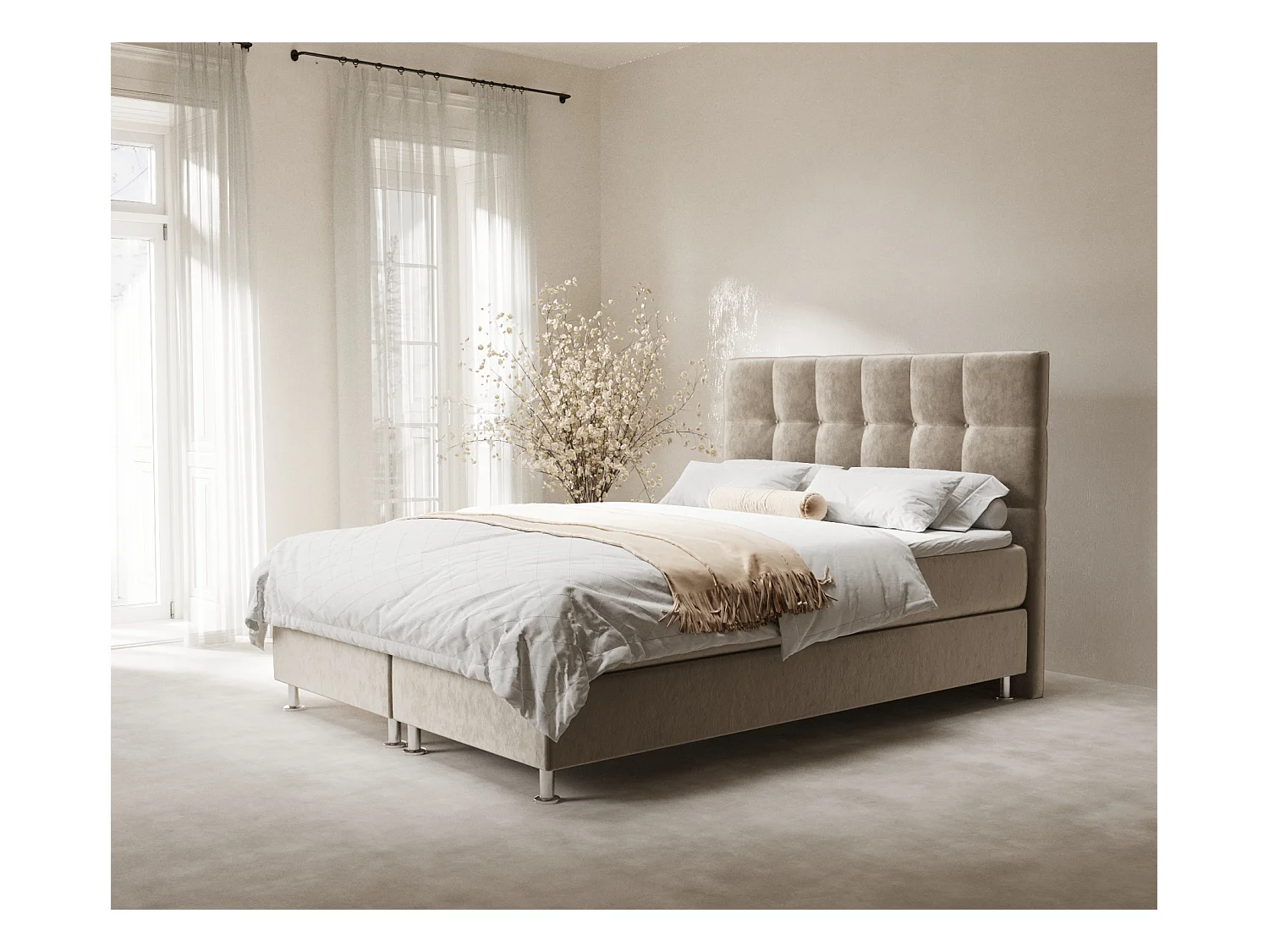 Lit boxspring en tissu velours Chanton - matelas - surmatelas - 180x200 cm - beige