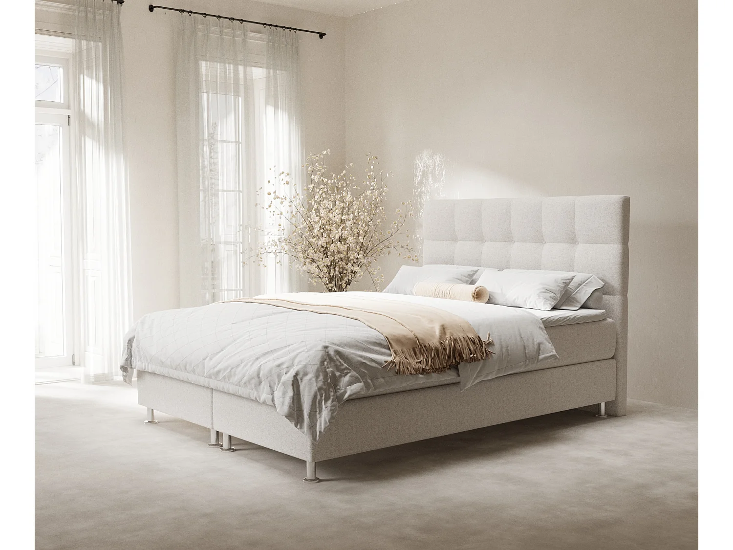 Lit boxspring en toile tissée Chanton - matelas - surmatelas - 140x200 cm - beige