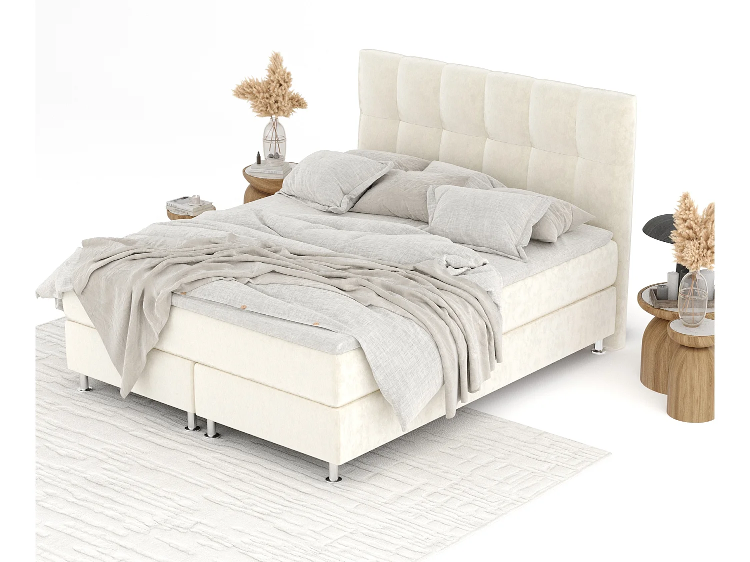 Boxspringbett aus Samtstoff Elisio - Matratze - Toppermatratze - 140x200 cm - creme
