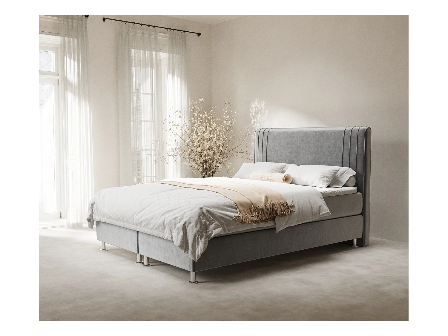 Lit boxspring en tissu velours Casone - matelas - surmatelas - 140x200 cm - taupe
