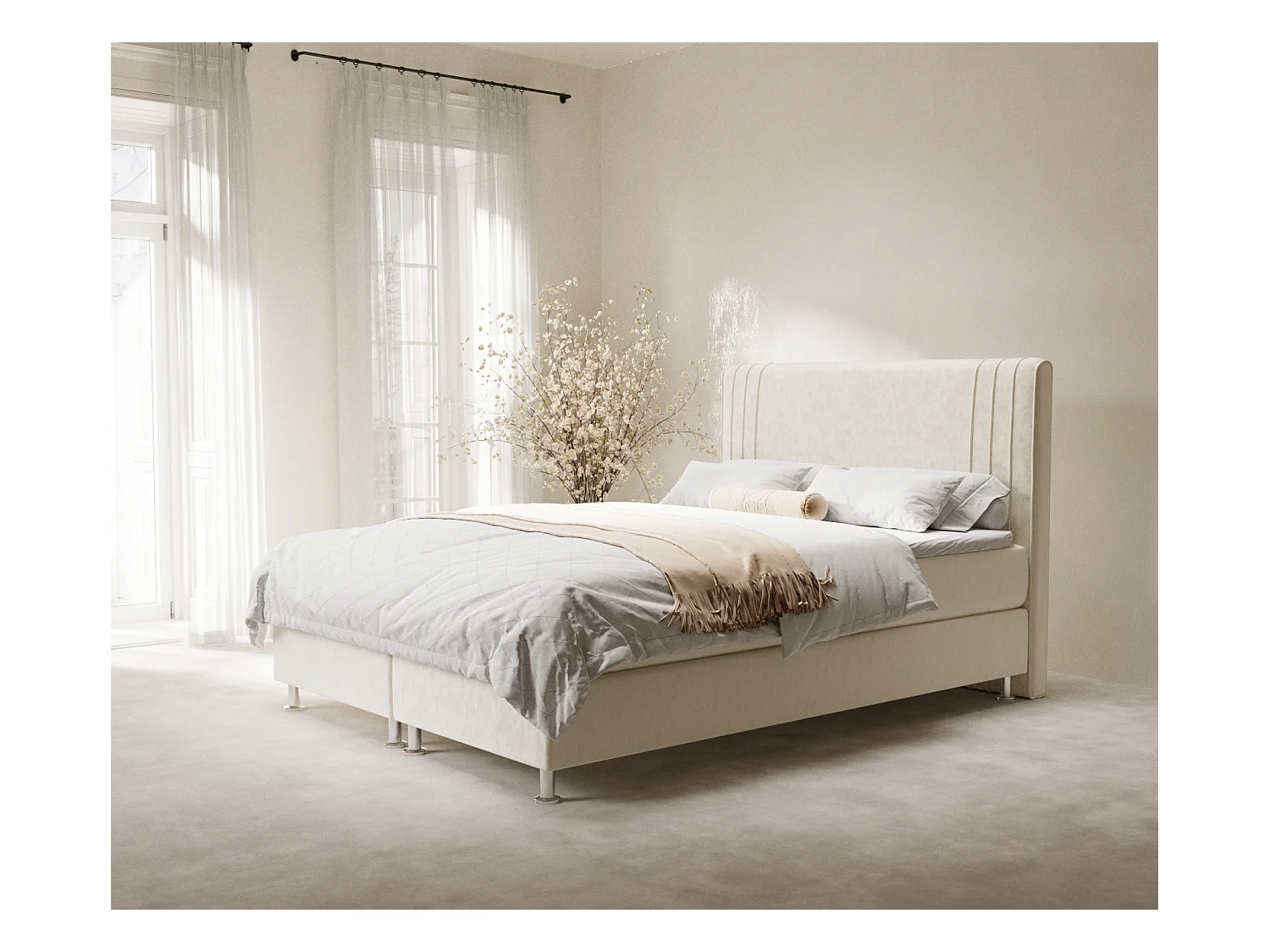 Lit boxspring en tissu velours Casone - matelas - surmatelas - 180x200 cm - creme