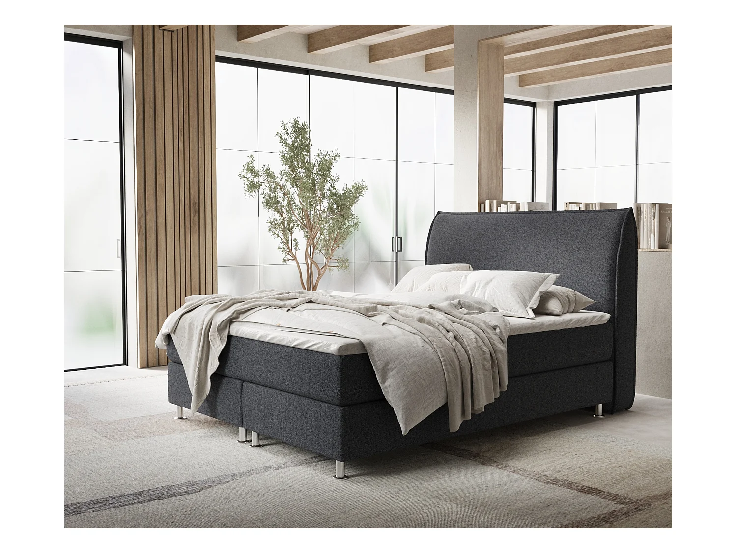 Lit boxspring en toile tissée Chermin - matelas - surmatelas - 200x200 cm - noir