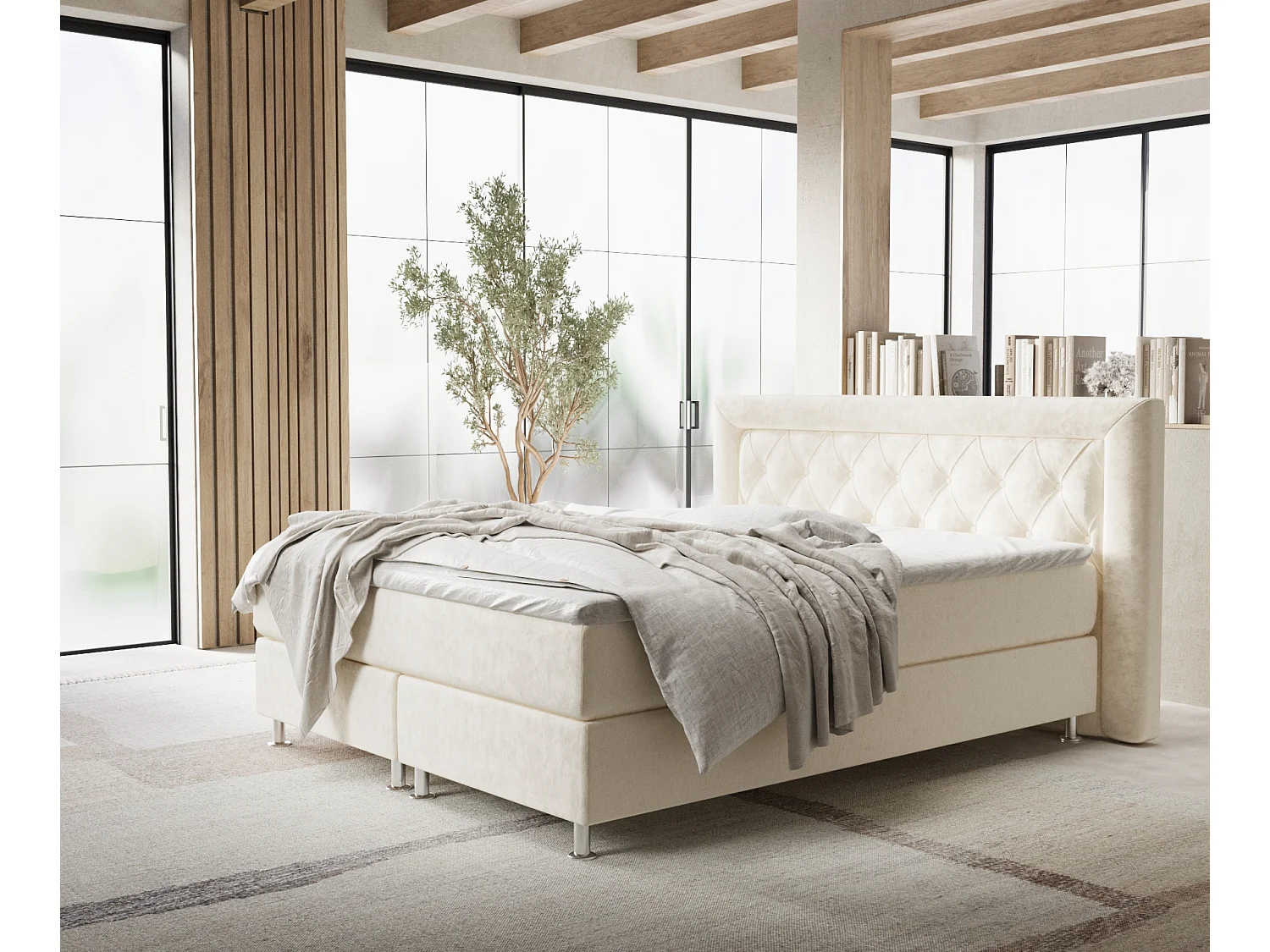 Lit boxspring en tissu velours Lavello - matelas - surmatelas - 180x200 cm - creme