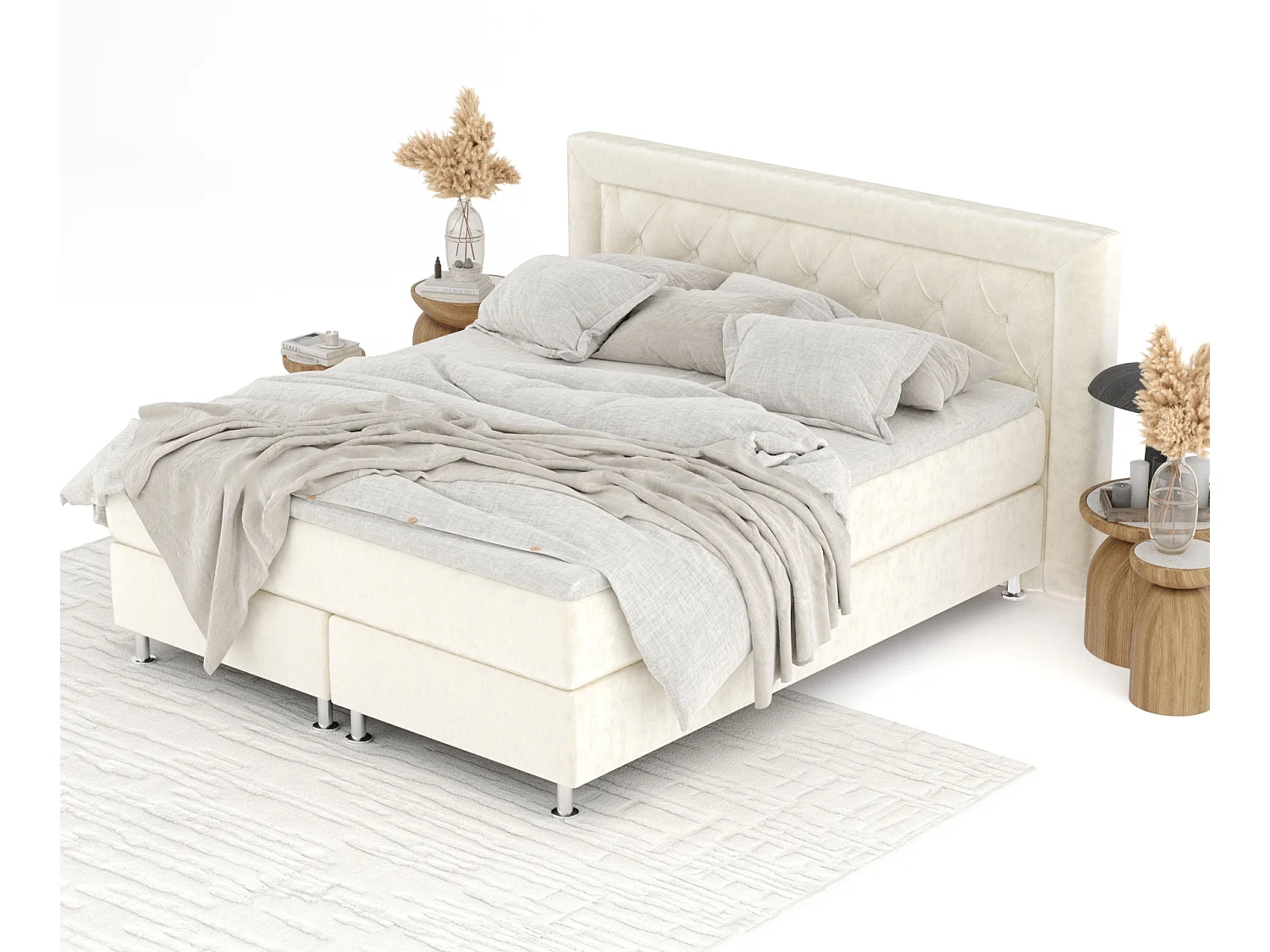 Lit boxspring en tissu velours Lavello - matelas - surmatelas - 200x200 cm - creme