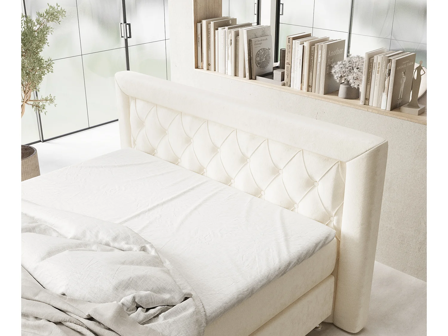 Lit boxspring en tissu velours Lavello - matelas - surmatelas - 200x200 cm - creme