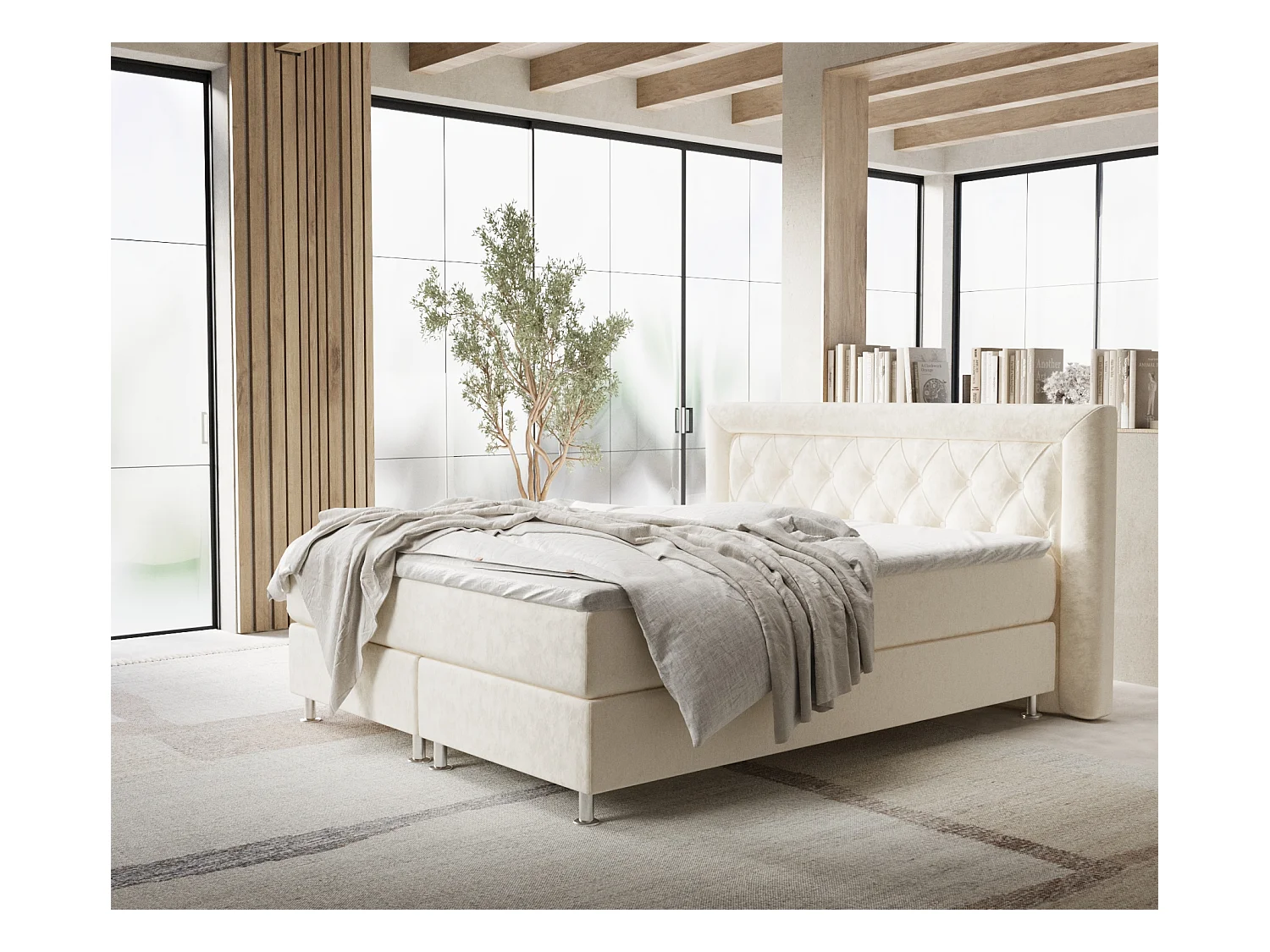 Lit boxspring en tissu velours Lavello - matelas - surmatelas - 200x200 cm - creme