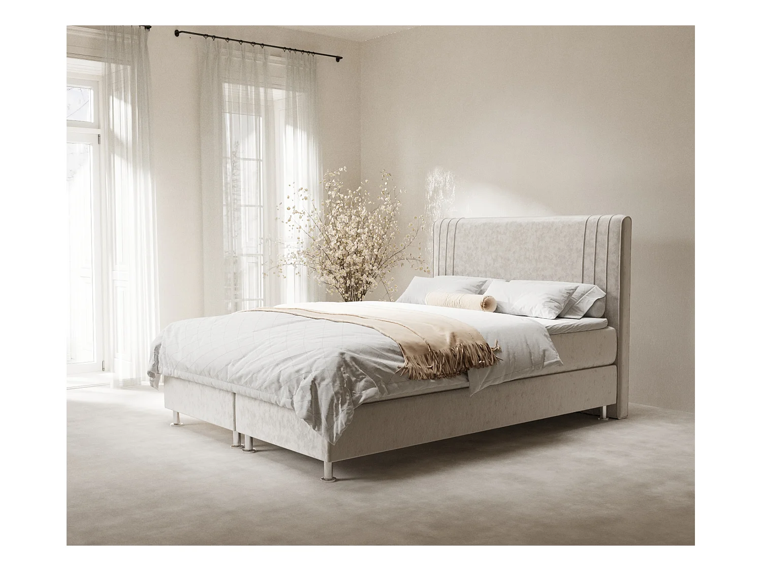 Lit boxspring en tissu velours Casone - matelas - surmatelas - 140x200 cm - beige clair