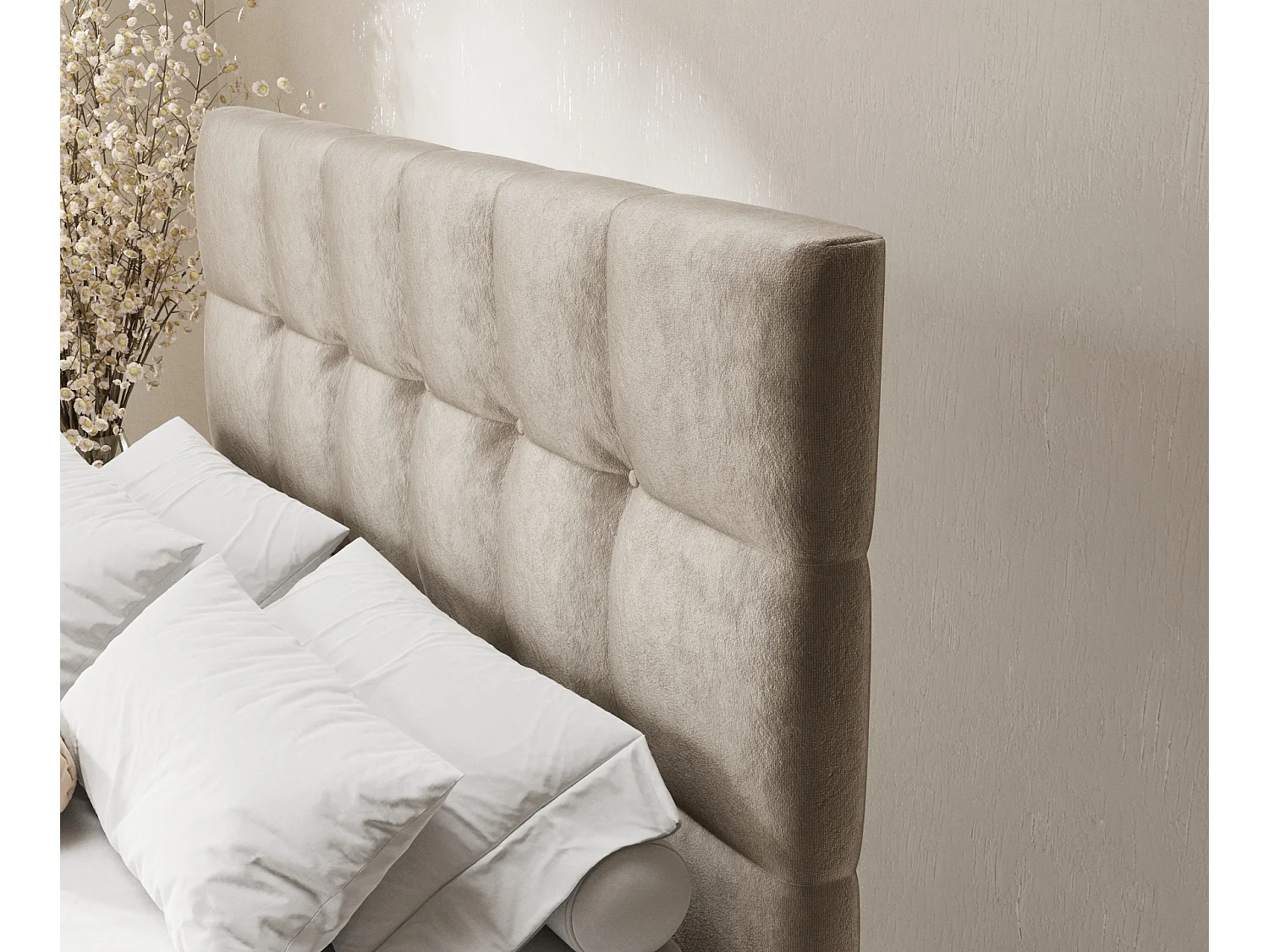 Lit boxspring en tissu velours Chanton - matelas - surmatelas - 140x200 cm - beige