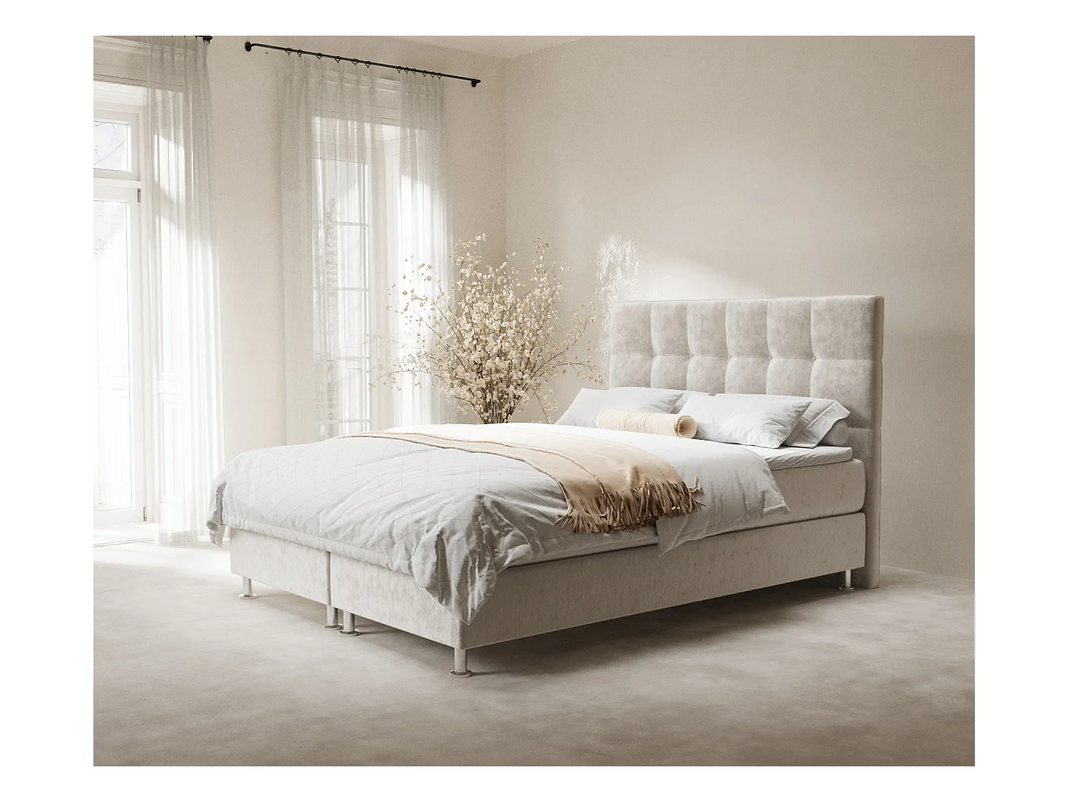 Lit boxspring en tissu velours Chanton - matelas - surmatelas - 140x200 cm - beige clair