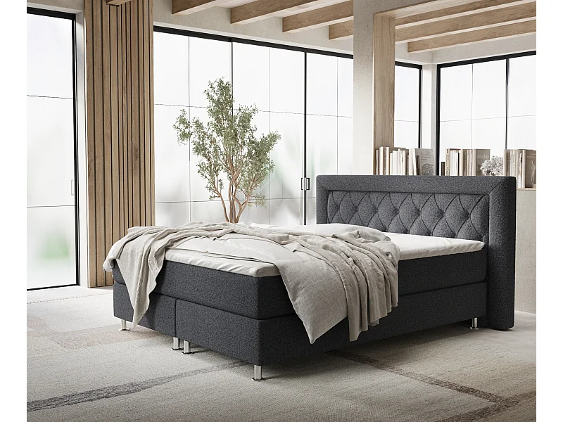 Łóżko boxspring w tkaninie plecionej Lavello - materac - topper - 140x200 cm - czarny