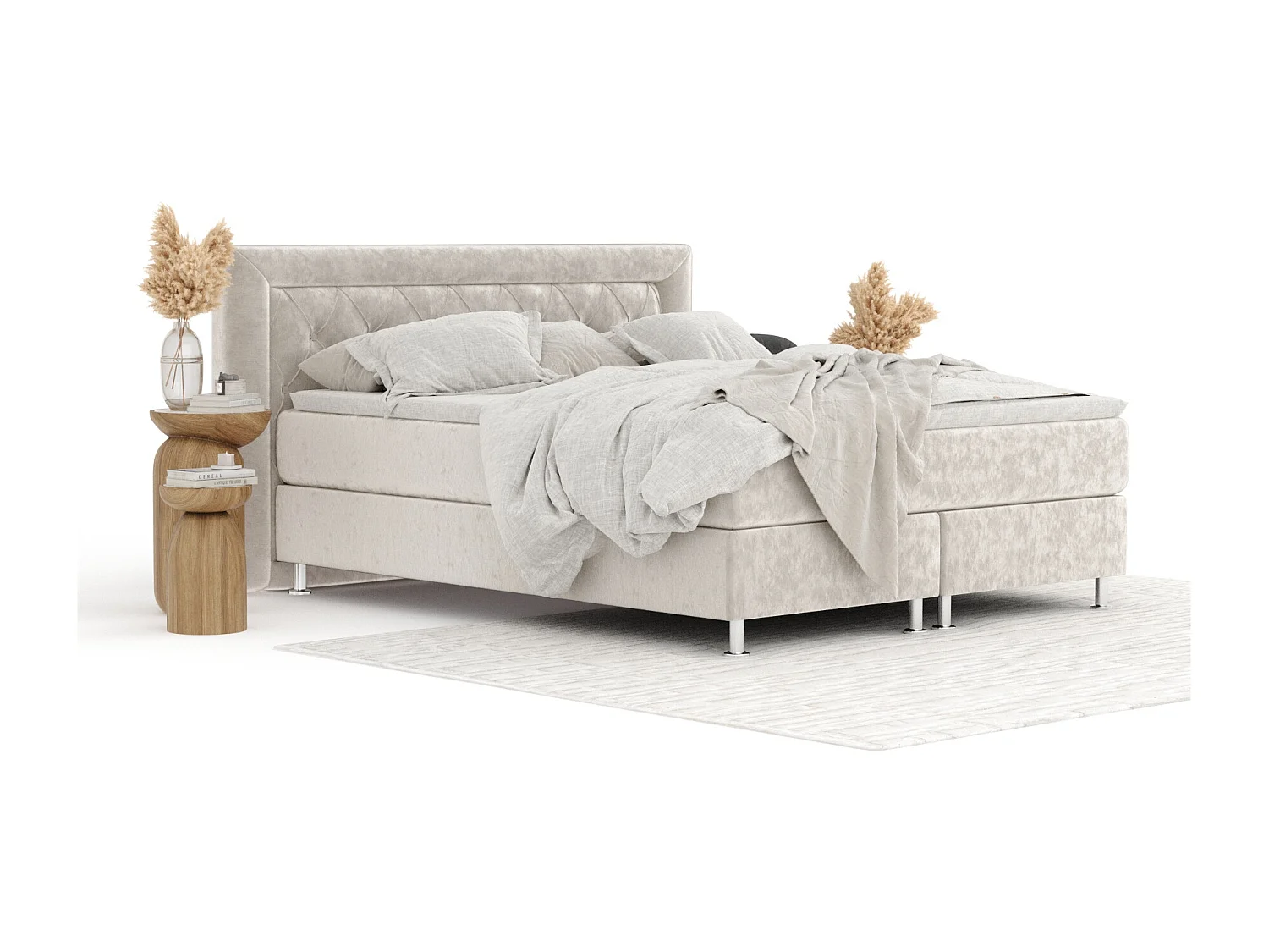 Lit boxspring en tissu velours Lavello - matelas - surmatelas - 140x200 cm - beige clair