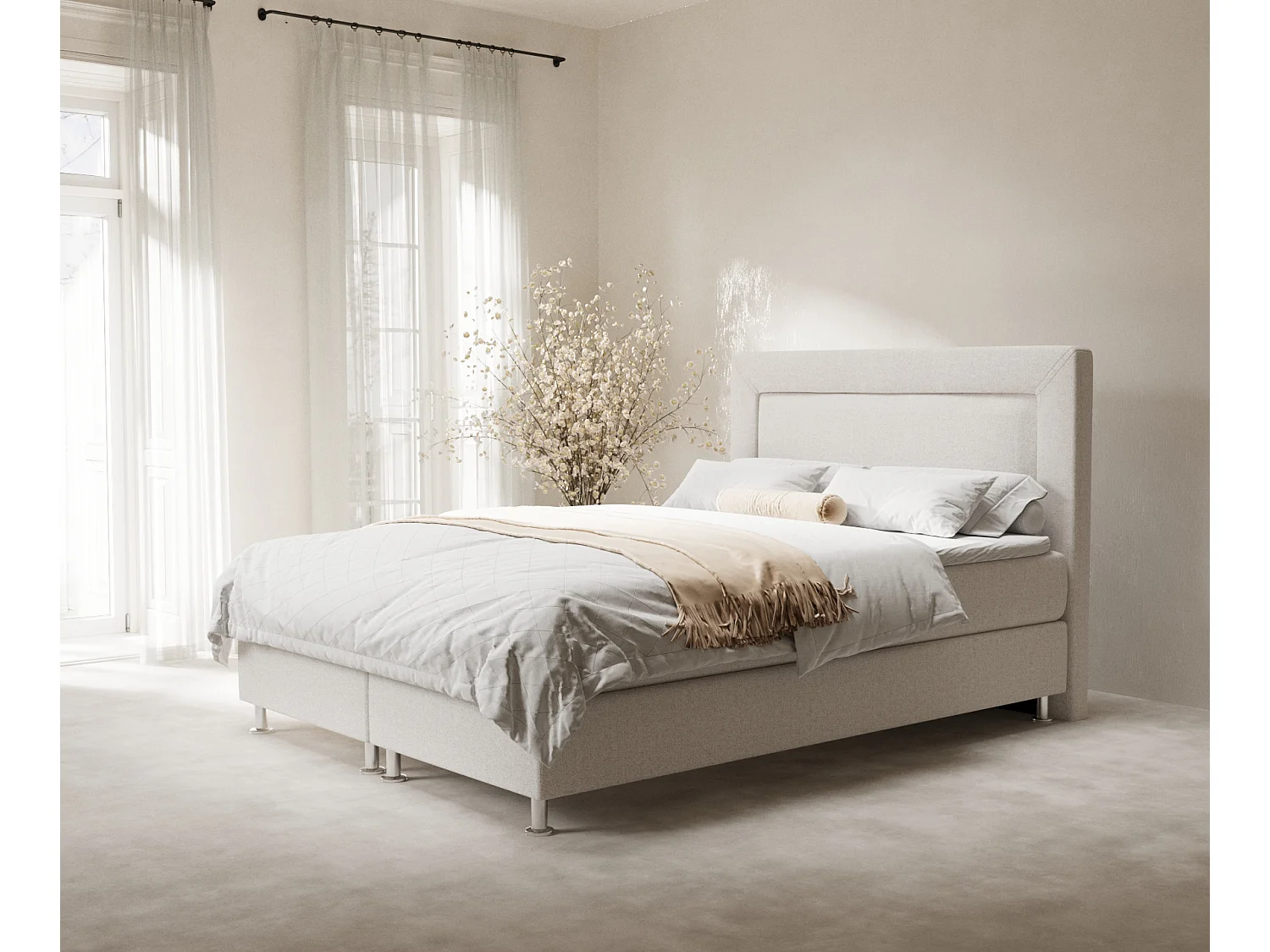 Boxspringbett aus Webstoff Laguno - Matratze - Toppermatratze - 160x200 cm - beige