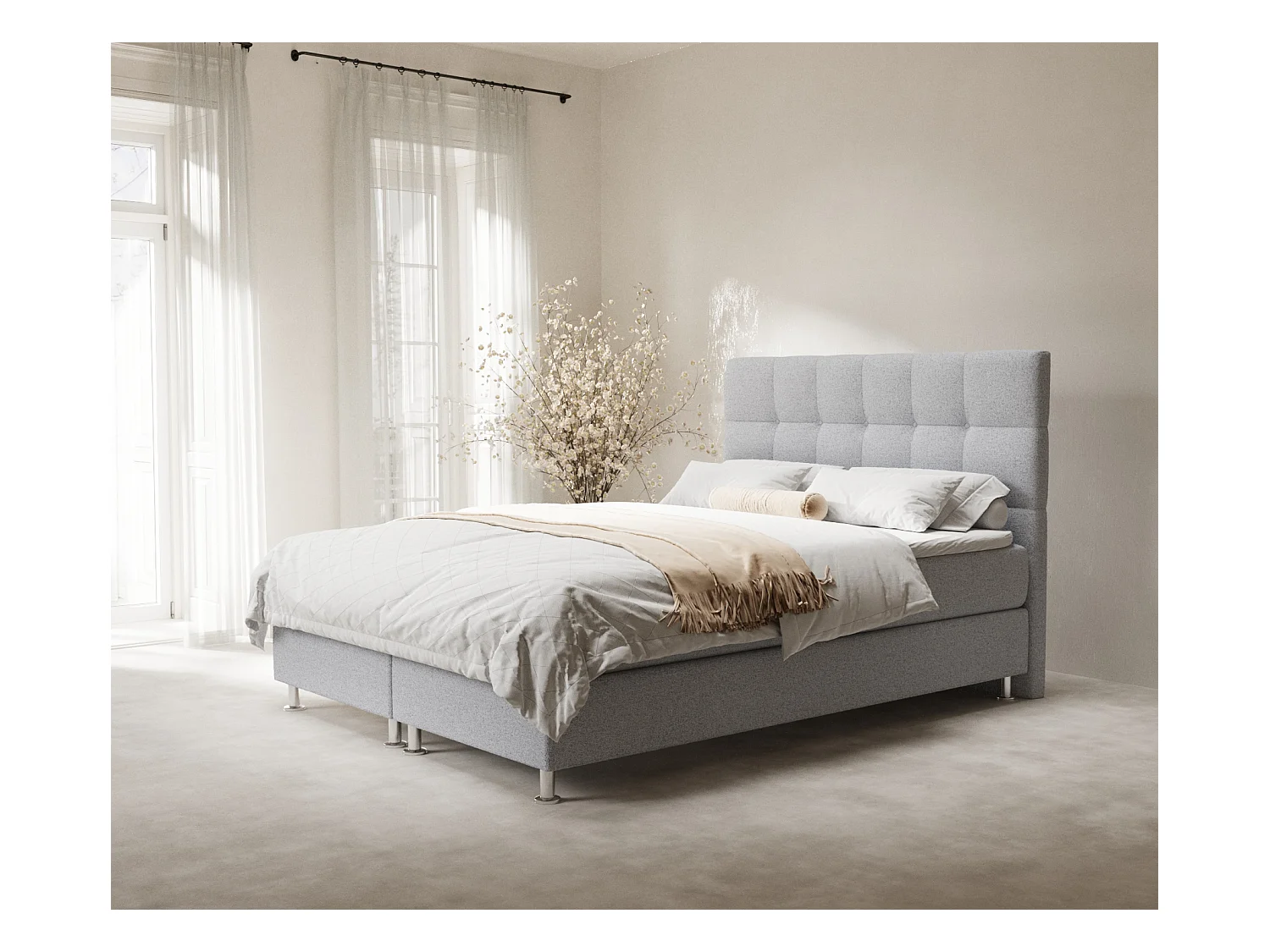 Lit boxspring en toile tissée Chanton - matelas - surmatelas - 160x200 cm - gris clair