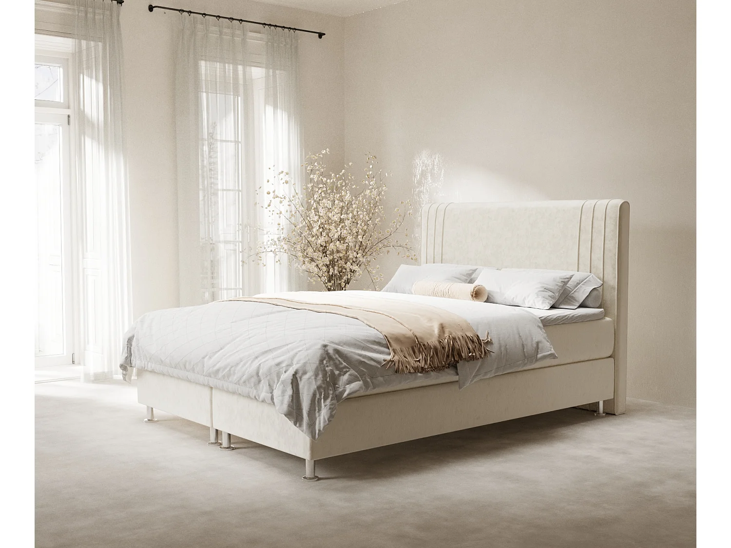 Lit boxspring en tissu velours Casone - matelas - surmatelas - 140x200 cm - creme