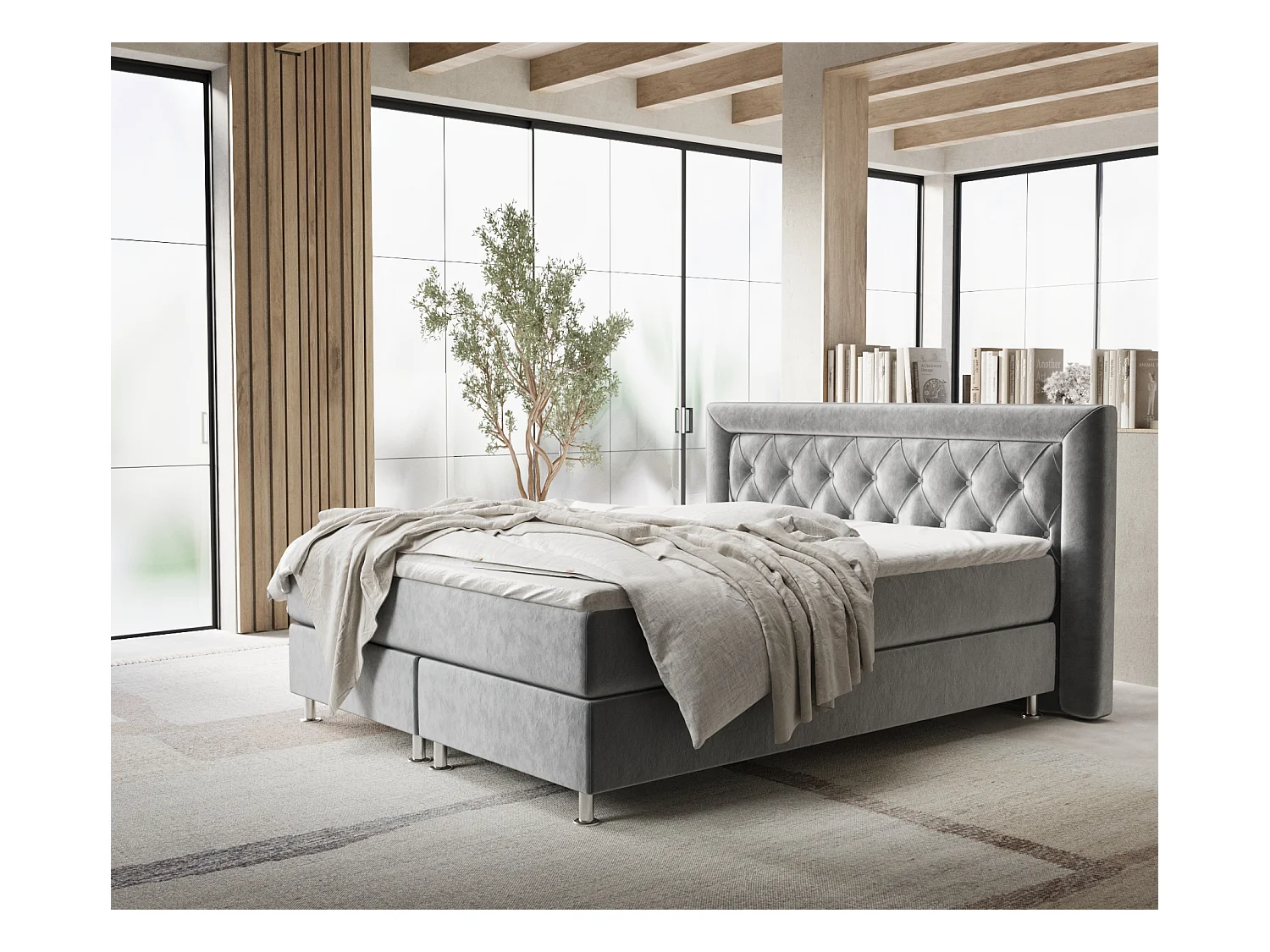 Lit boxspring en tissu velours Lavello - matelas - surmatelas - 200x200 cm - gris