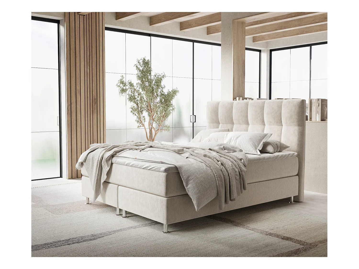 Lit boxspring en tissu velours Elisio - matelas - surmatelas - 140x200 cm - beige clair