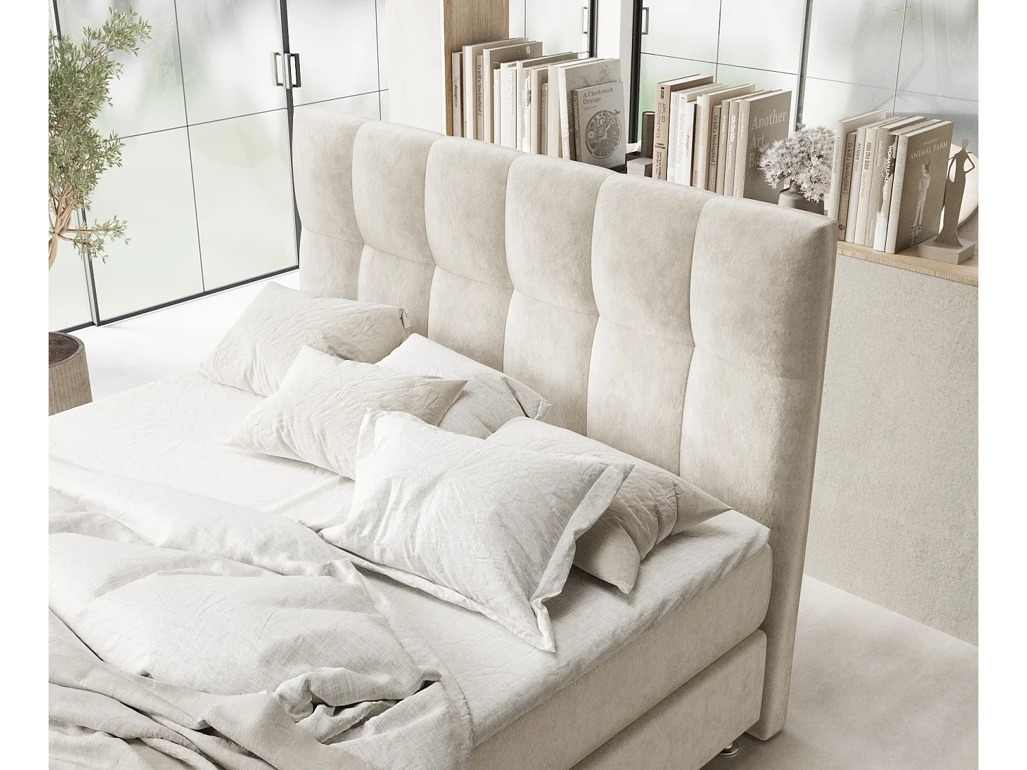 Lit boxspring en tissu velours Elisio - matelas - surmatelas - 140x200 cm - beige clair