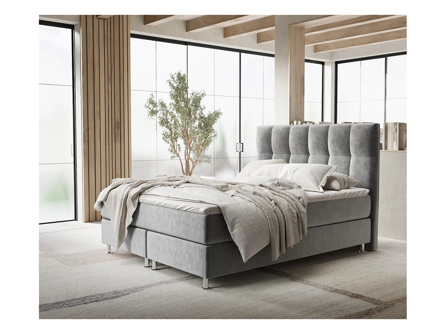 Lit boxspring en tissu velours Elisio - matelas - surmatelas - 160x200 cm - gris