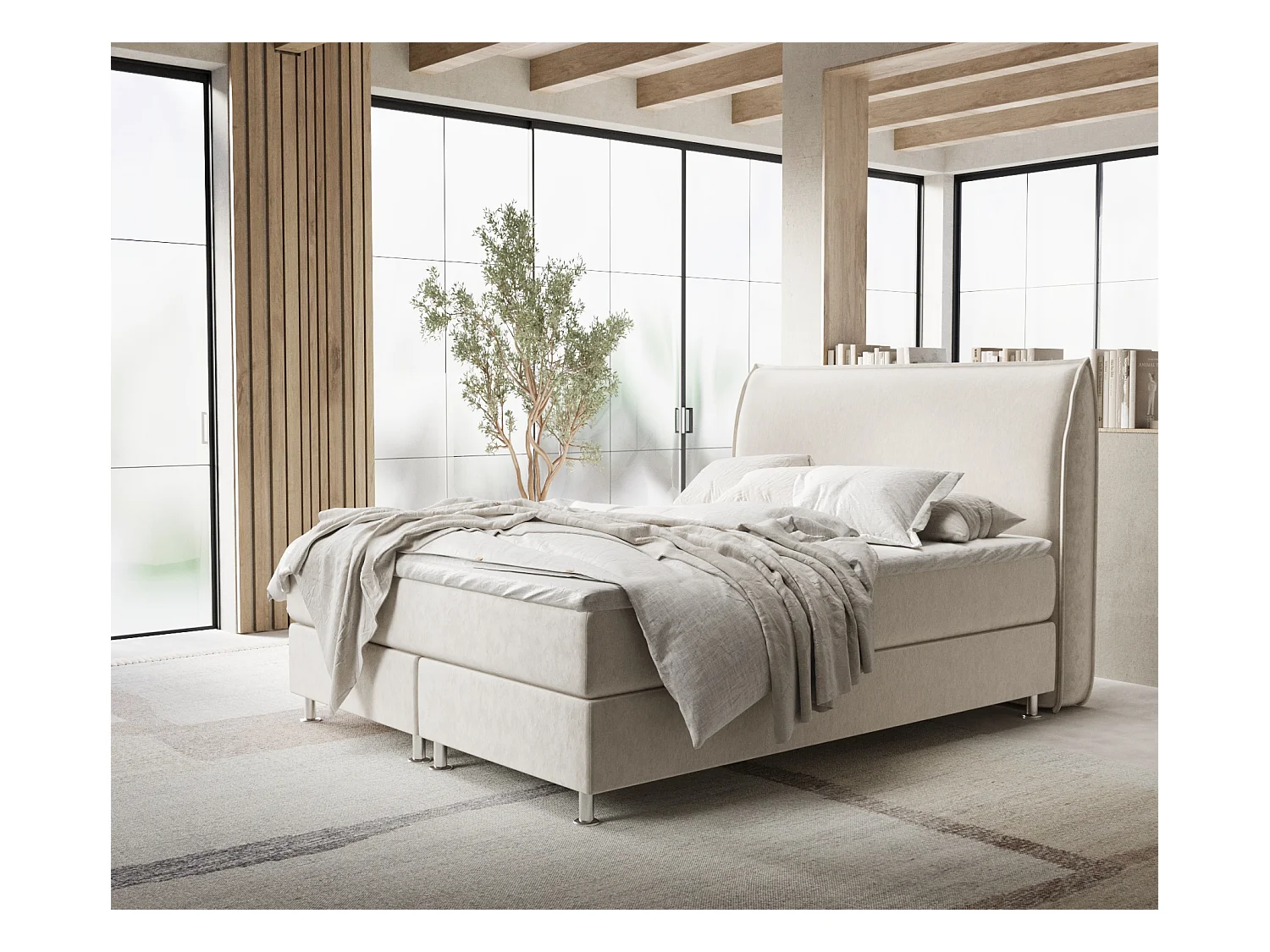 Lit boxspring en tissu velours Chermin - matelas - surmatelas - 140x200 cm - beige clair