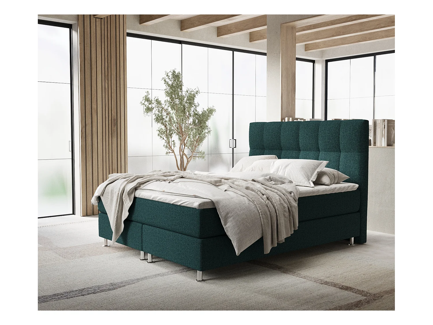 Lit boxspring en toile tissée Elisio - matelas - surmatelas - 140x200 cm - vert