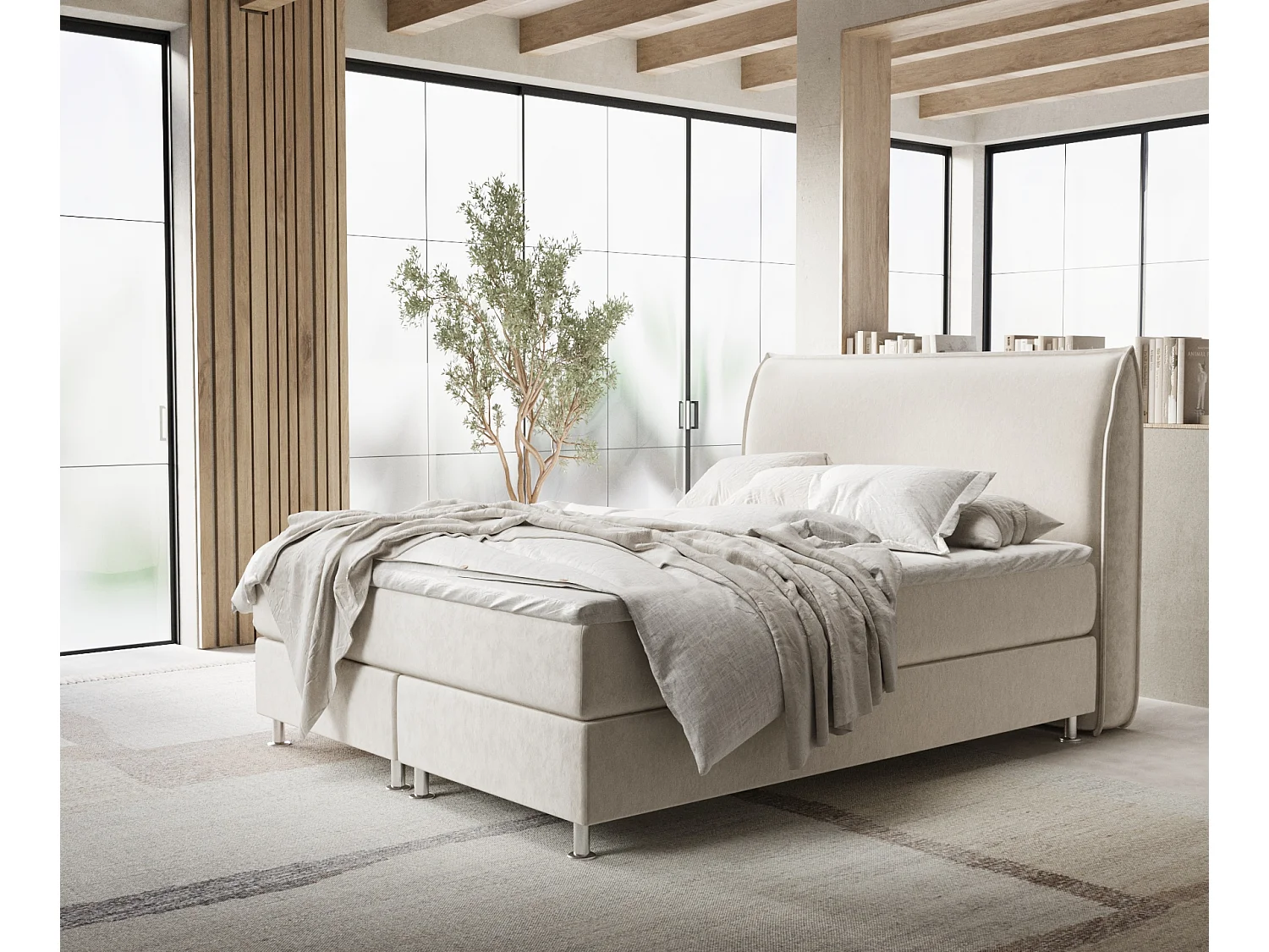 Boxspringbett aus Samtstoff Chermin - Matratze - Toppermatratze - 140x200 cm - hellbeige