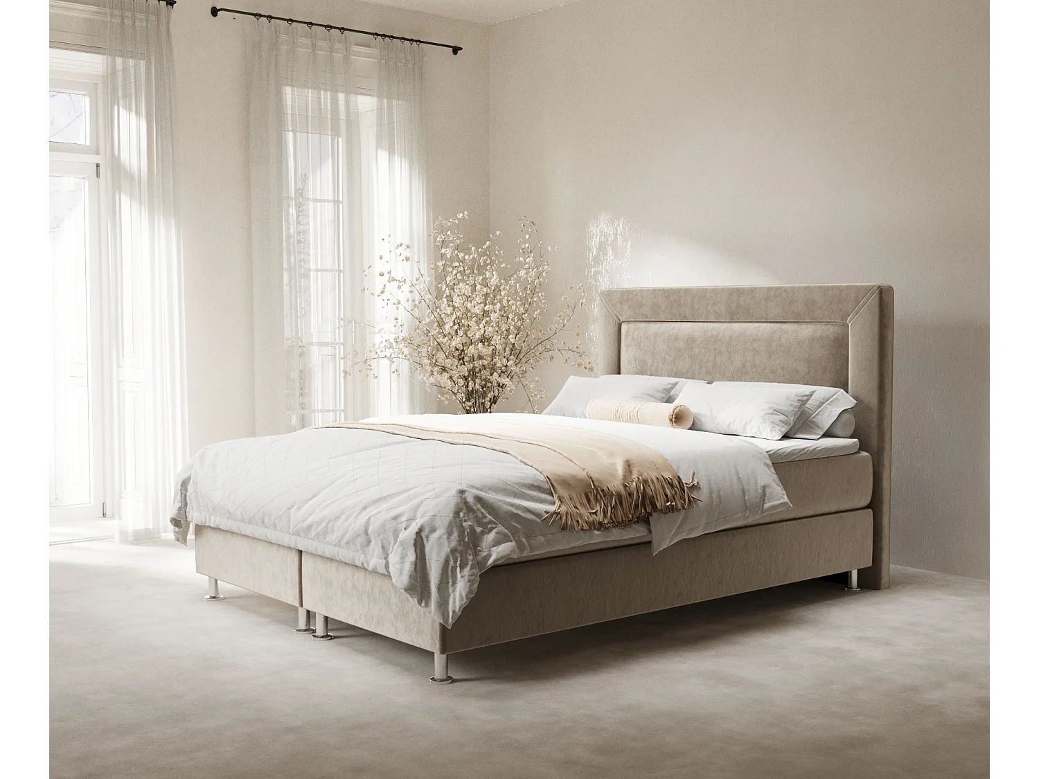 Boxspringbett aus Samtstoff Laguno - Matratze - Toppermatratze - 160x200 cm - beige