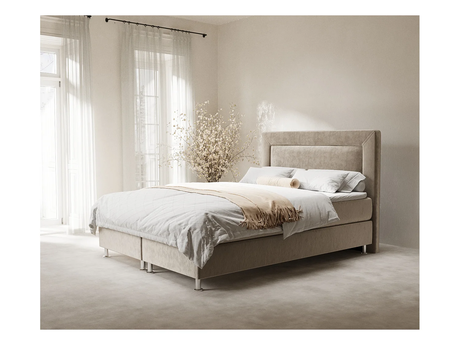 Lit boxspring en tissu velours Laguno - matelas - surmatelas - 160x200 cm - beige