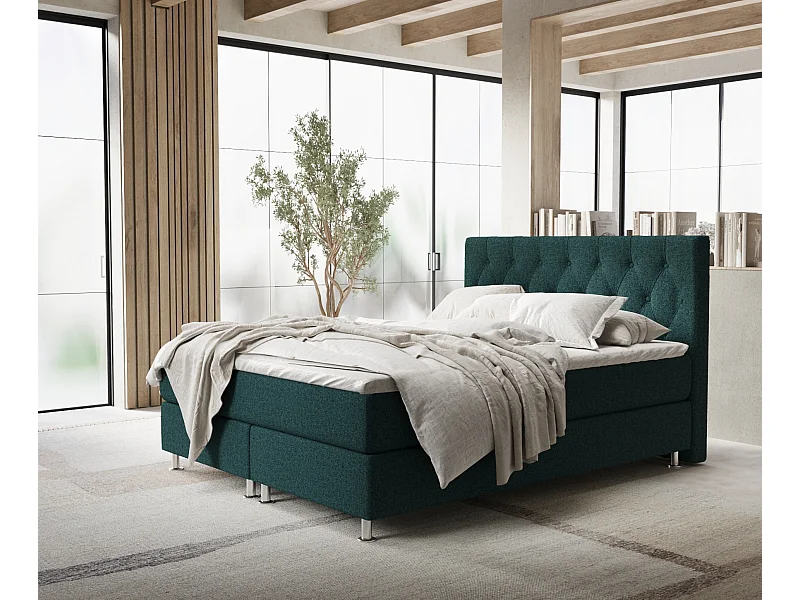 Łóżko boxspring w tkaninie plecionej Excelsior - materac - topper - 180x200 cm - zielony