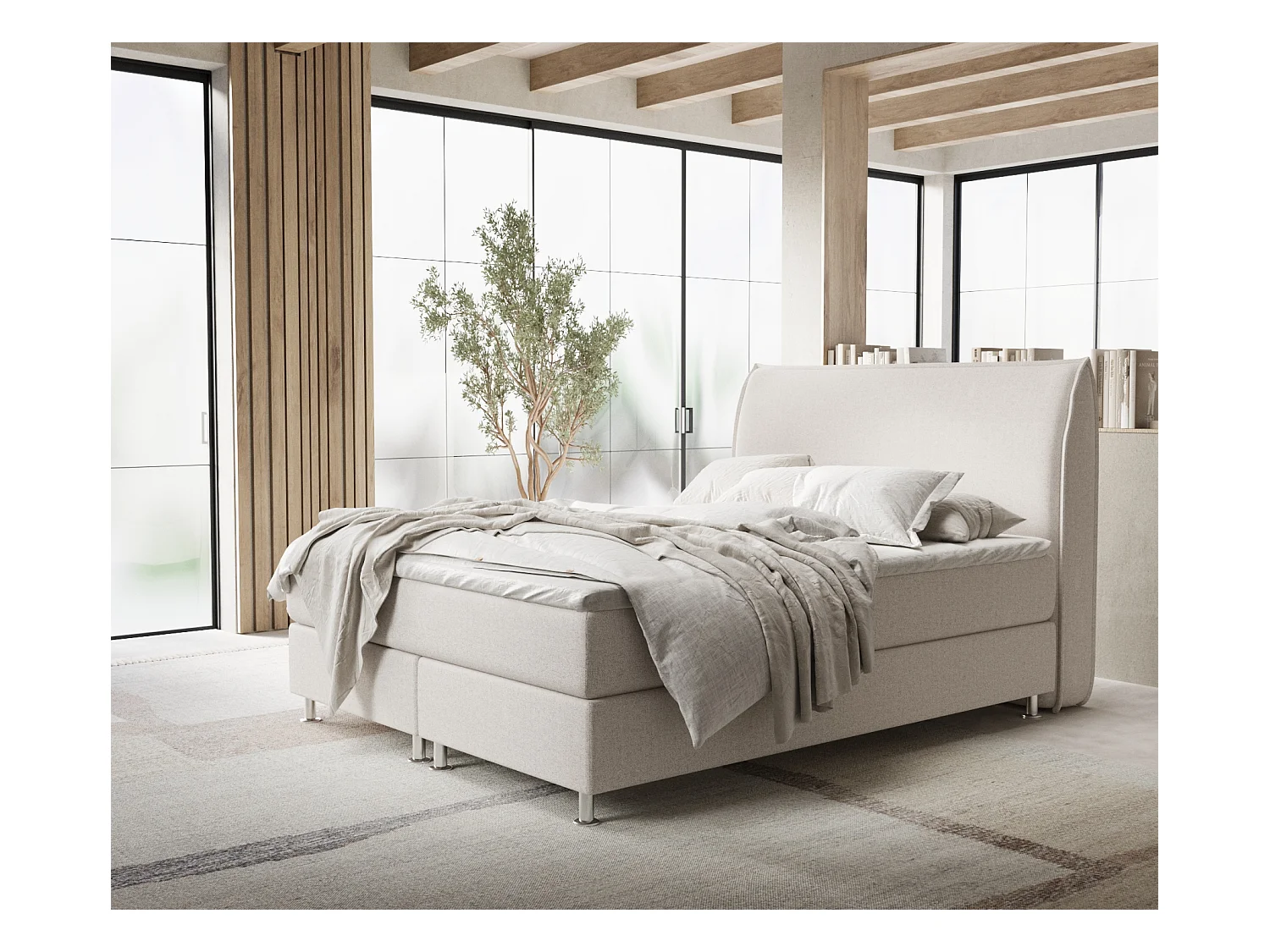 Lit boxspring en toile tissée Chermin - matelas - surmatelas - 200x200 cm - beige