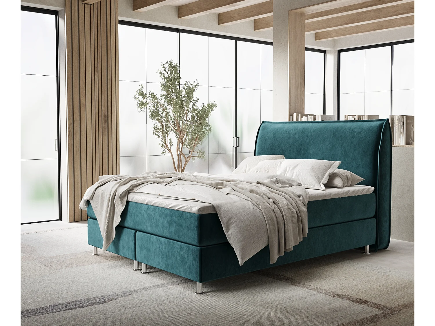 Boxspringbett aus Samtstoff Chermin - Matratze - Toppermatratze - 180x200 cm - türkisfarbe