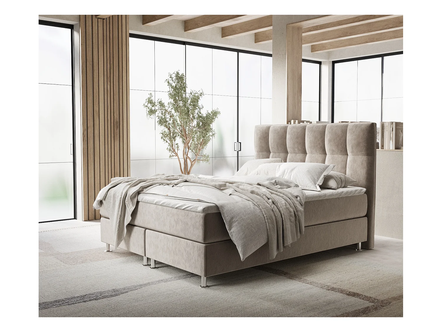 Lit boxspring en tissu velours Elisio - matelas - surmatelas - 140x200 cm - taupe