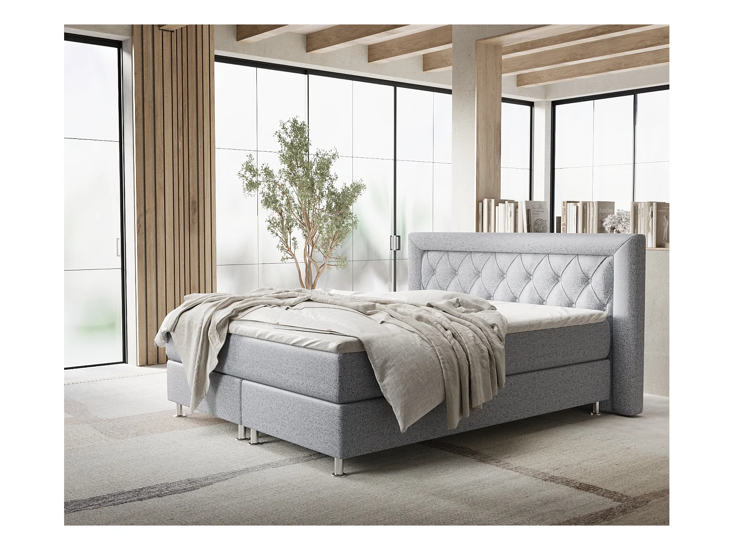 Lit boxspring en toile tissée Lavello - matelas - surmatelas - 200x200 cm - gris