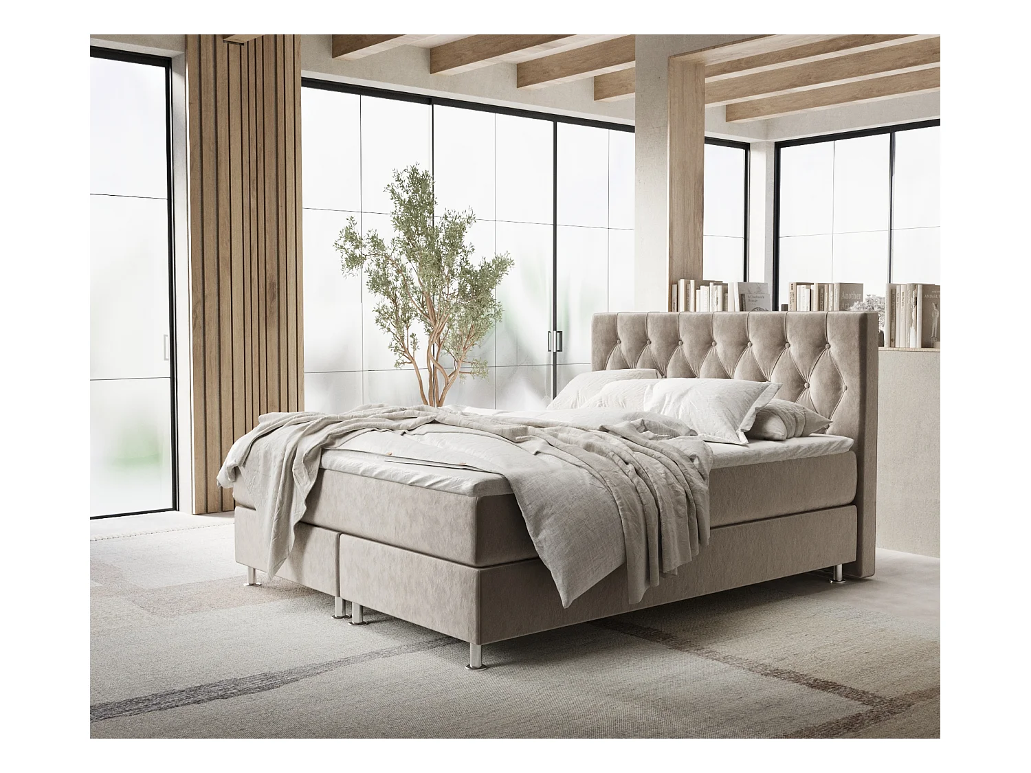 Lit boxspring en tissu velours Excelsior - matelas - surmatelas - 160x200 cm - taupe