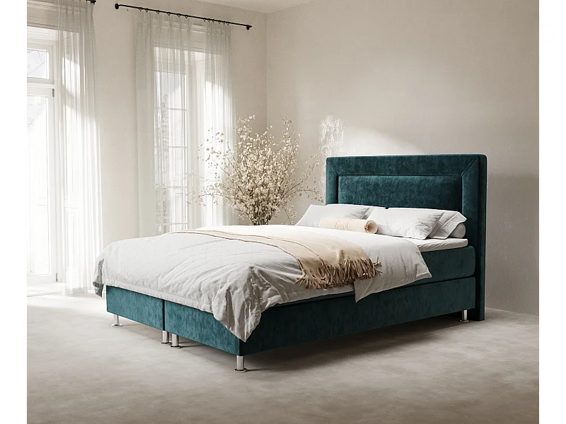 Łóżko boxspring w tkaninie welwetowej Laguno - materac - topper - 200x200 cm - turkusowy