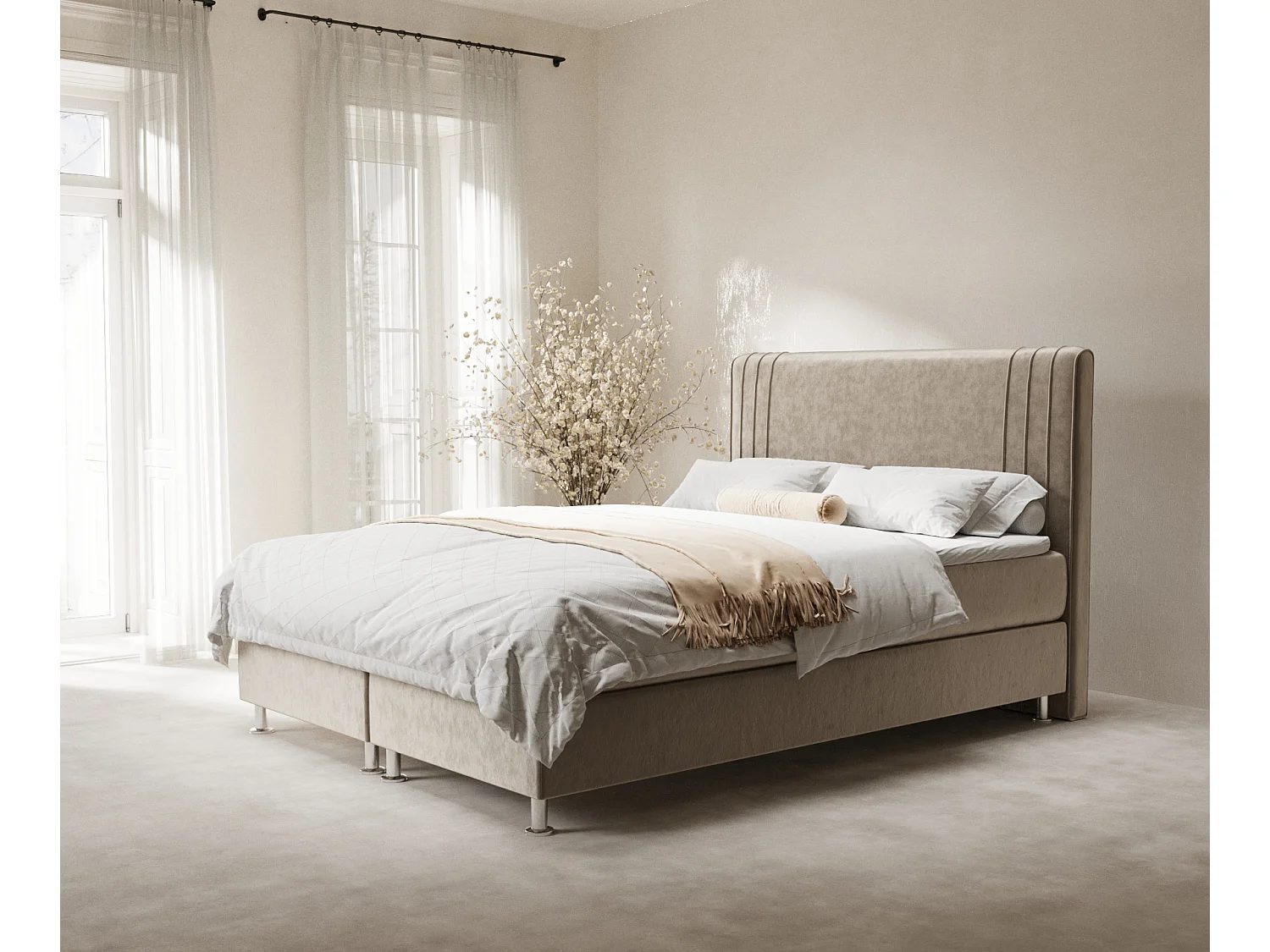 Boxspringbett aus Samtstoff Casone - Matratze - Topper - 160x200 cm - beige