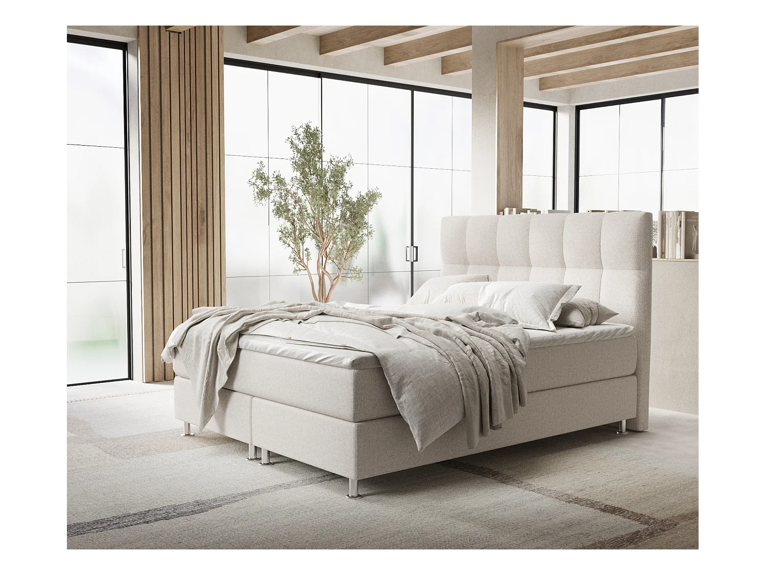 Lit boxspring en toile tissée Elisio - matelas - surmatelas - 140x200 cm - beige