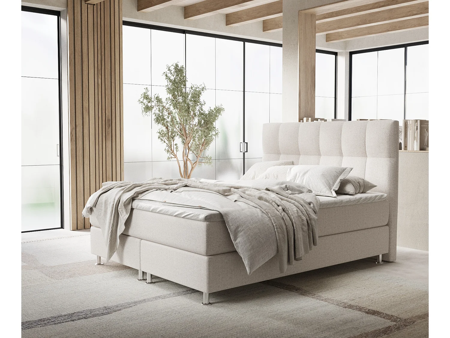 Lit boxspring en toile tissée Elisio - matelas - surmatelas - 140x200 cm - beige