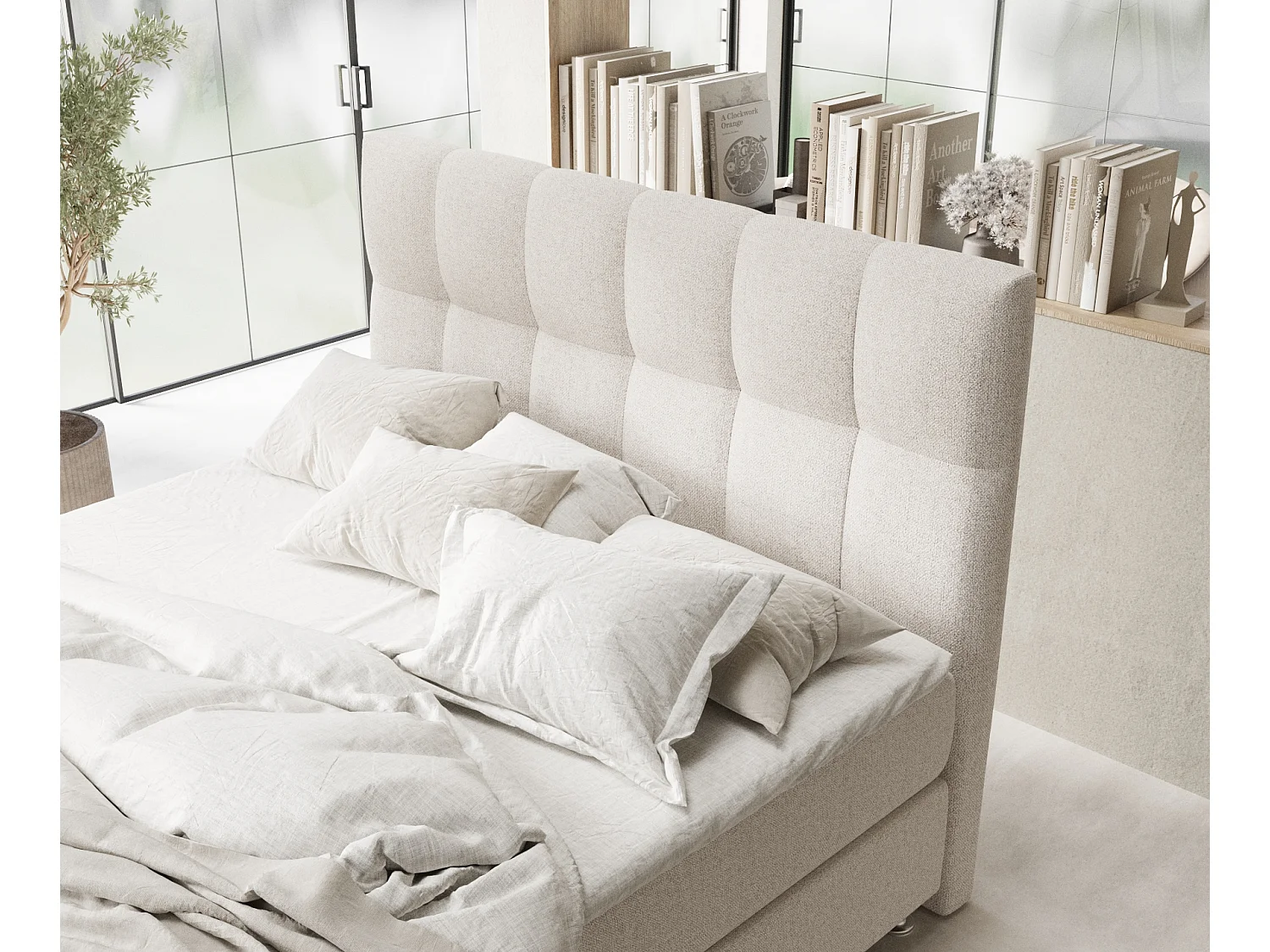 Lit boxspring en toile tissée Elisio - matelas - surmatelas - 140x200 cm - beige