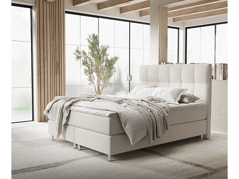 Łóżko boxspring w tkaninie plecionej Elisio - materac - topper - 140x200 cm - beżowy